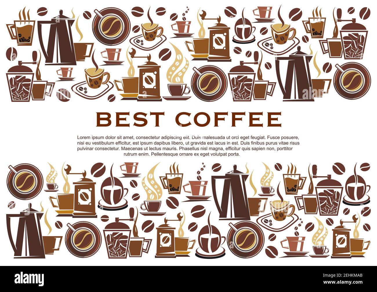 Best coffee poster for cafeteria or coffeehouse. Vector design of coffee makers, cups and beans for espresso, americano or cappuccino and hot chocolat Stock Vector