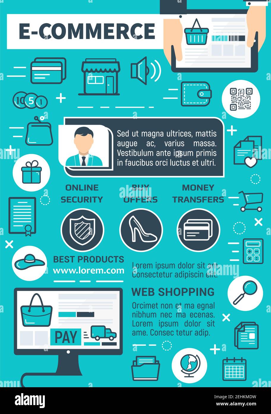 E-commerce and online shopping technology poster. Vector internet store or web shop design of user computer and application for consumer buy and pay o Stock Vector