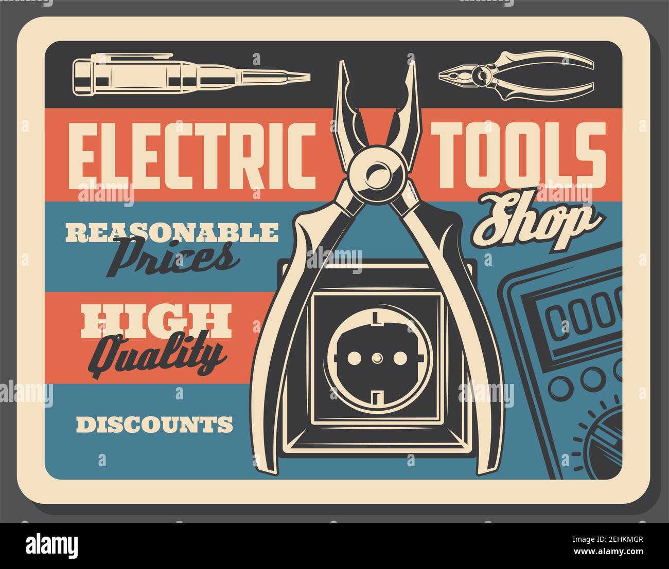 Electrical tools vintage poster, electricity power and energy store signboard. Vector retro design of electric plug and socket, voltmeter tester and w Stock Vector
