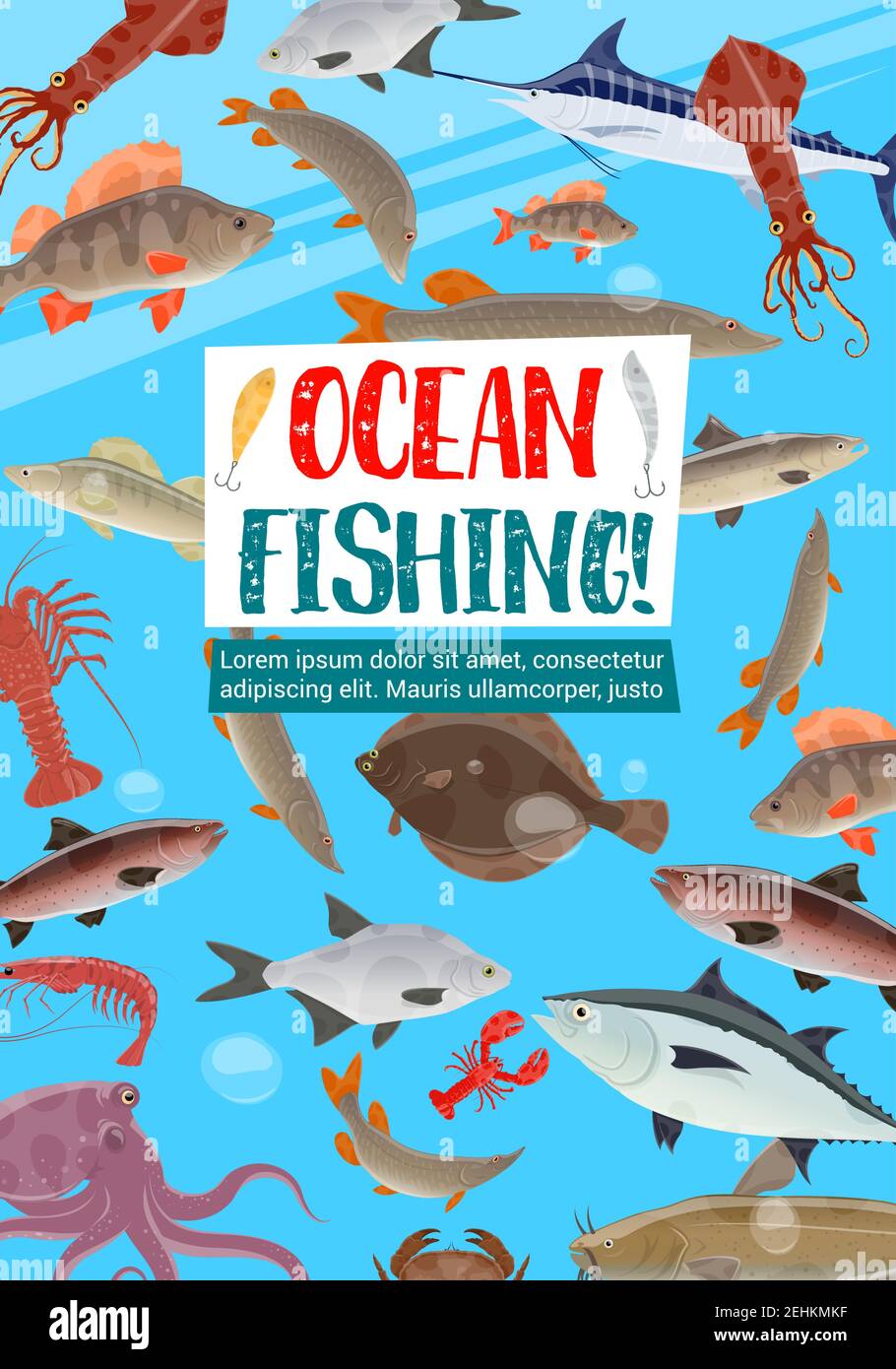 Ocean fishing, fish and seafood animals in sea water. Salmon, tuna and
