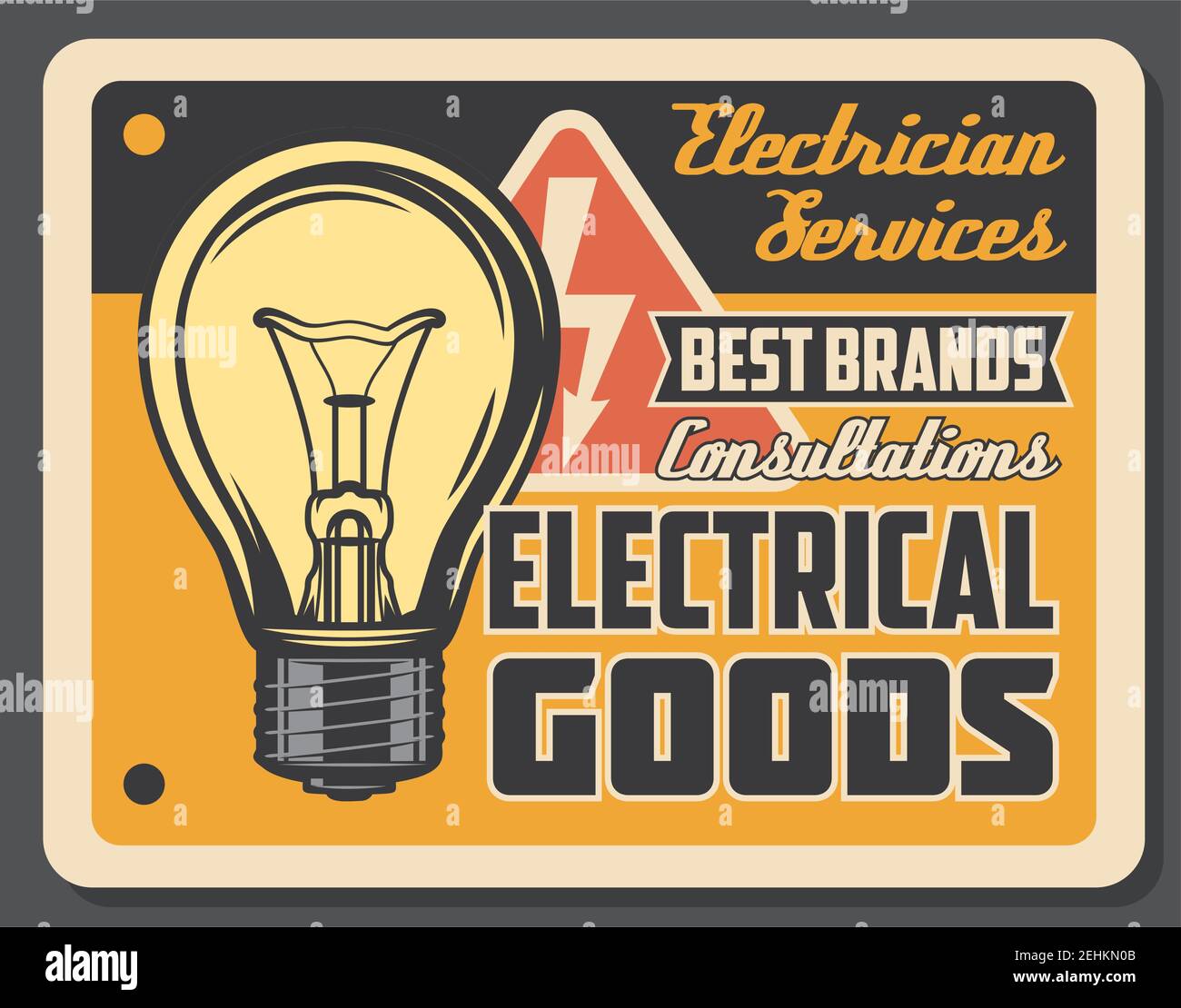 Electrician services and electrical goods retro poster, light bulb and