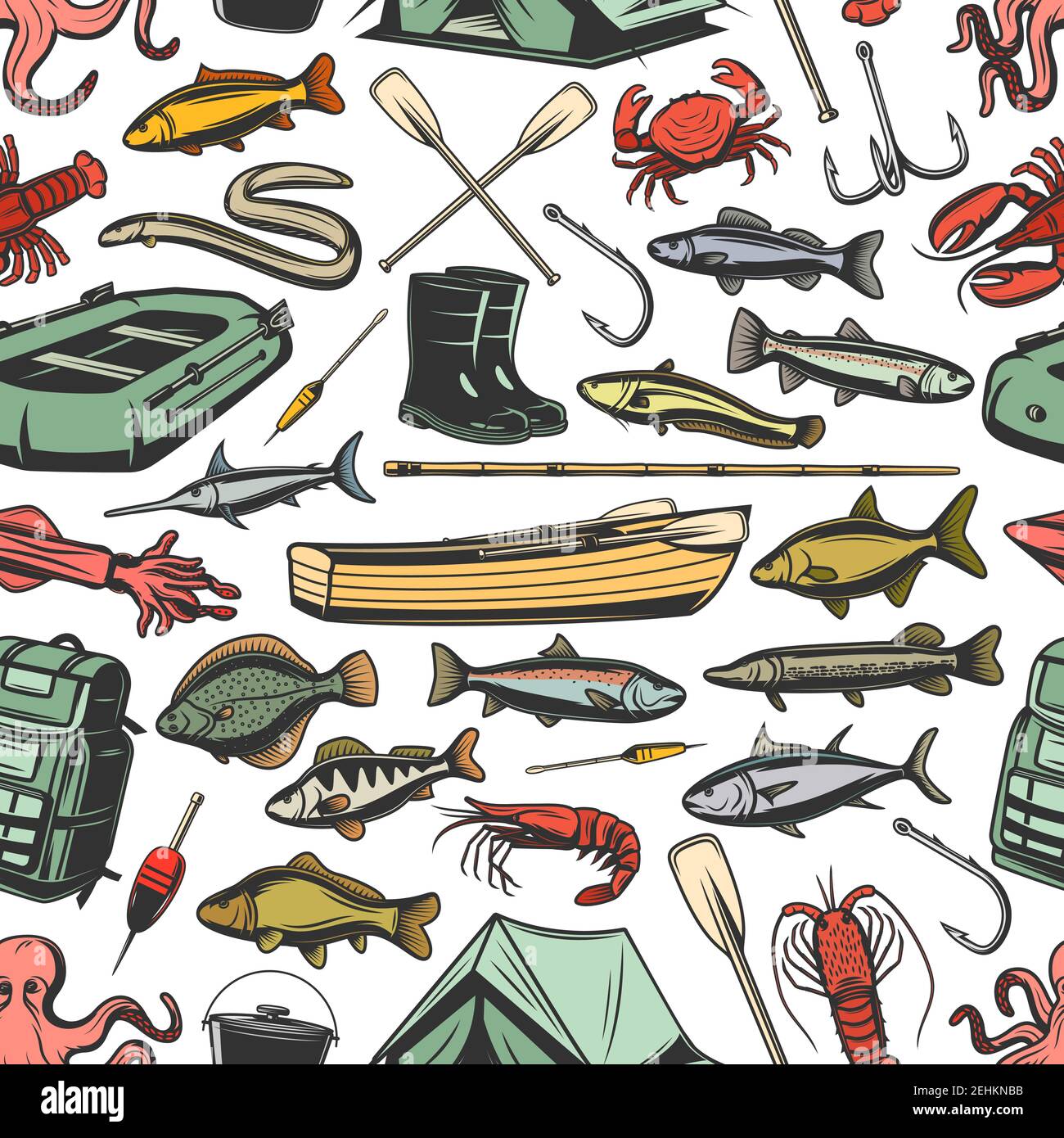 Fishery gear equipment, fishing and fish seamless pattern. Inflatable and wooden boats, rods and boots, paddles and waterproof tent sketch vector. Tun Stock Vector