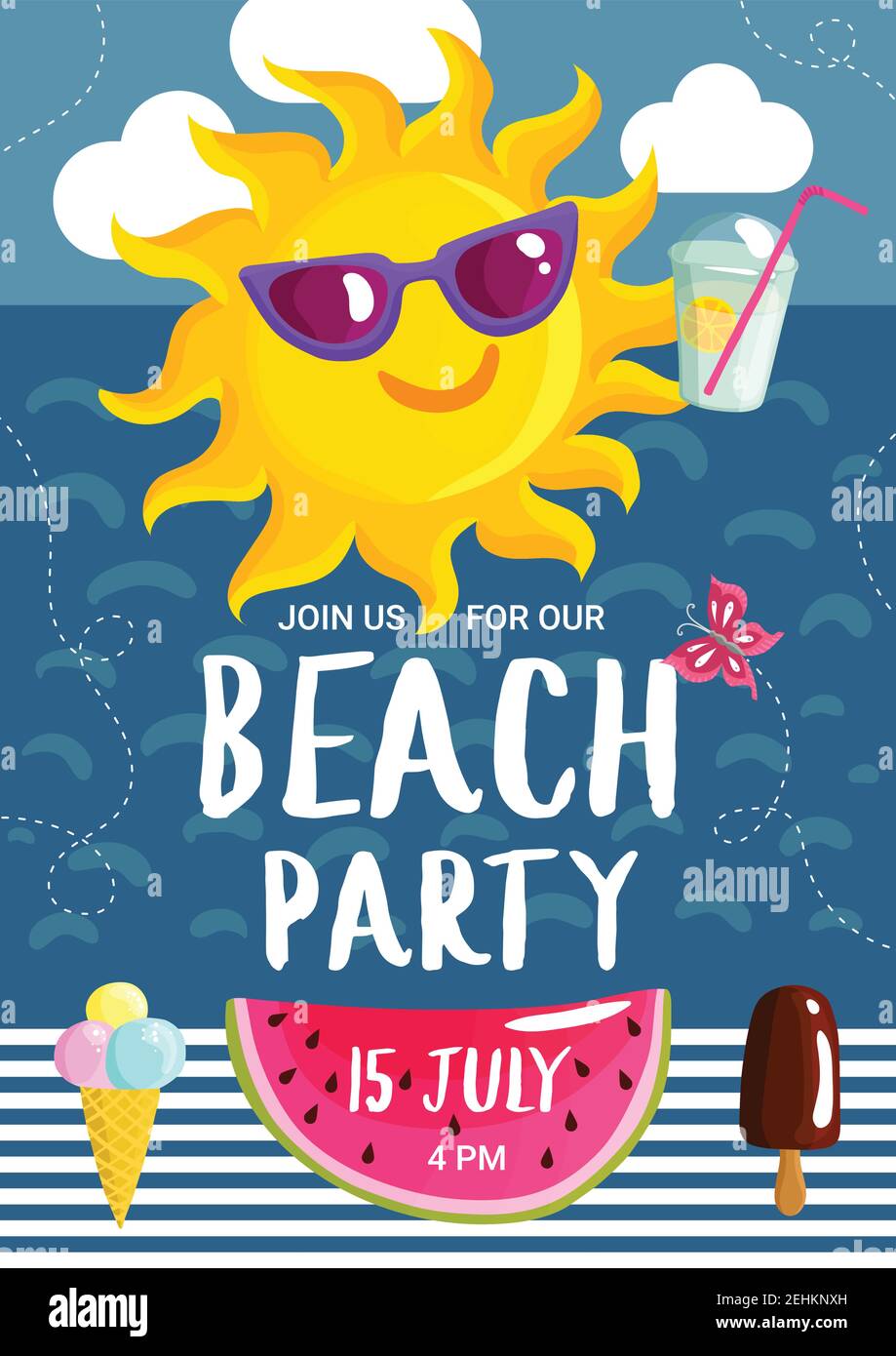 Beach party poster with summer sun in sunglasses with cocktail in sky ...