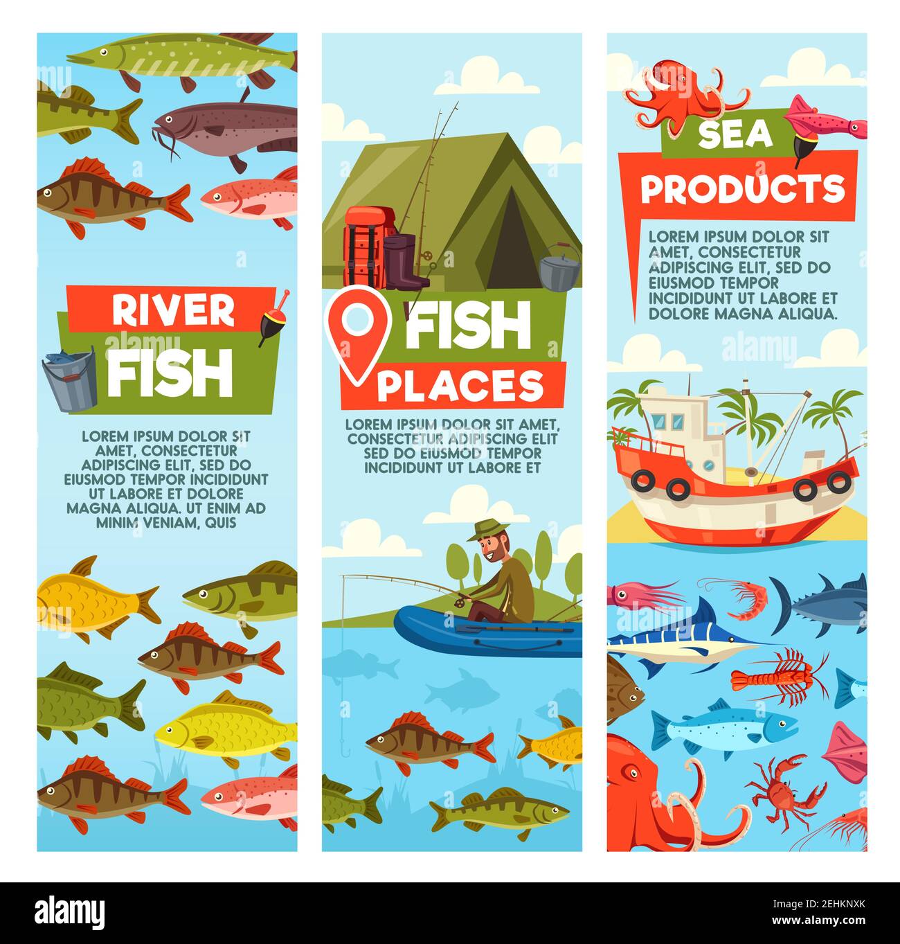 Fish places and seafood banners. Fisherman on inflatable boat and waterproof tent, bucket and rods, backpack and boots. Fishing gear and crab, octopus Stock Vector