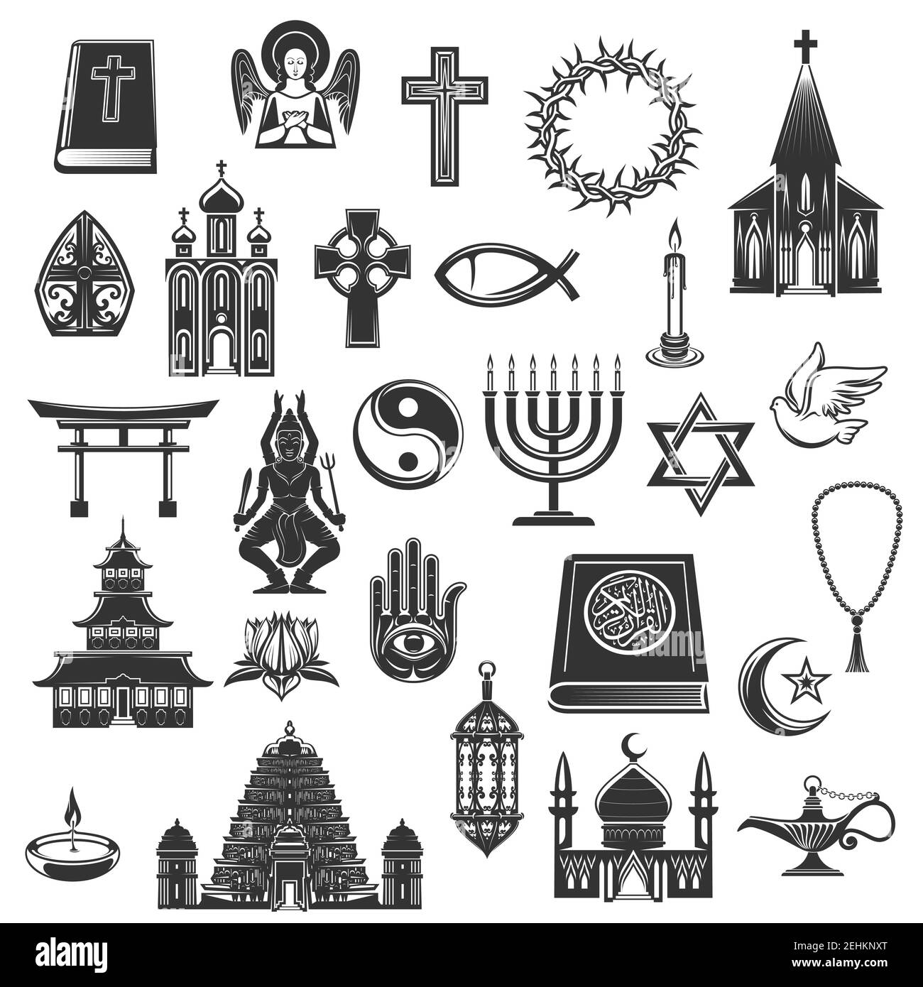 World religions symbols and religious signs. Vector Christianity crucifix cross and Orthodox or Catholic bible, Judaism star and Islam Koran, temple a Stock Vector