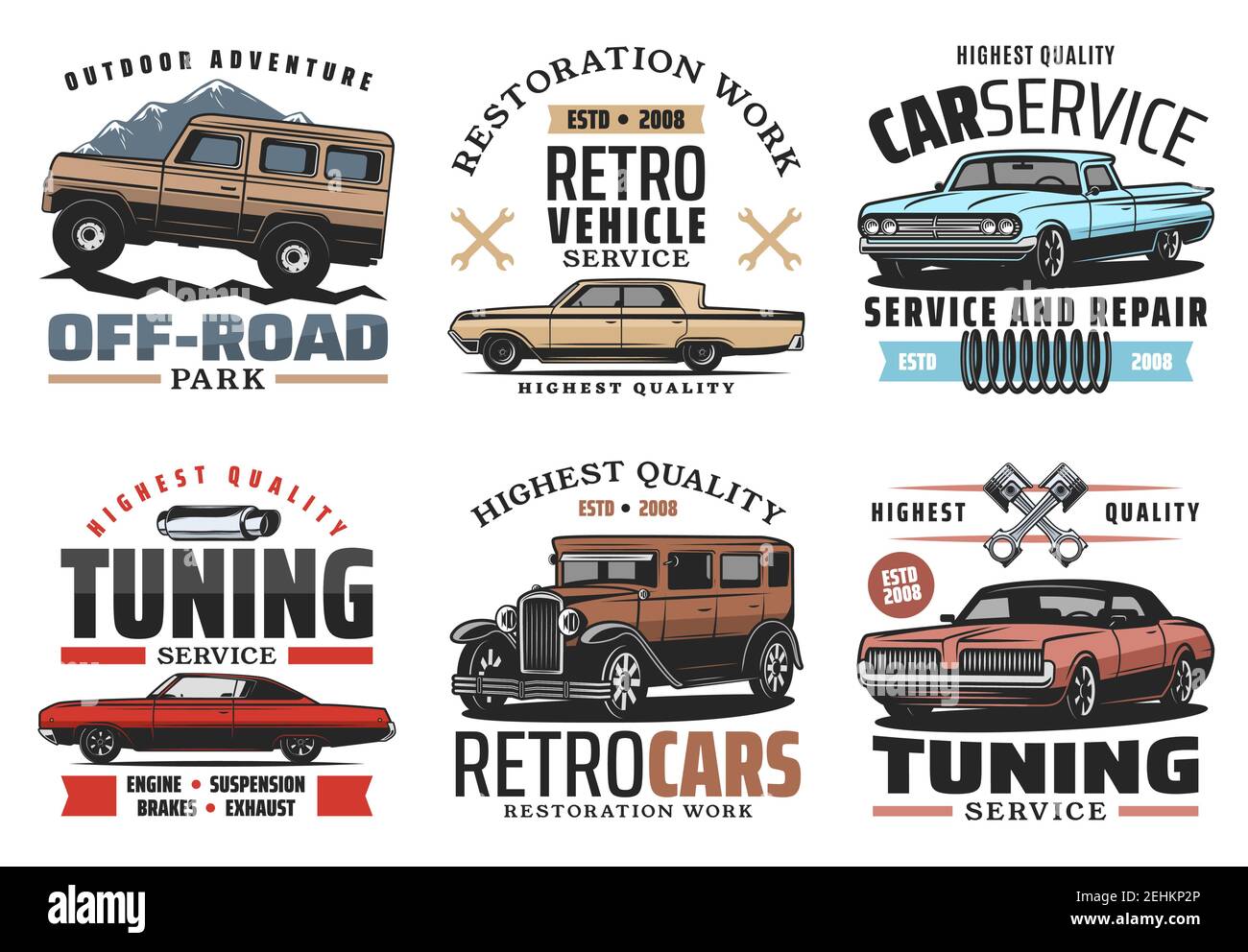 Car service tuning or restoration symbols for repairing garage. Off-road vehicle and outdoor adventure, retro transport restoration work and auto part Stock Vector