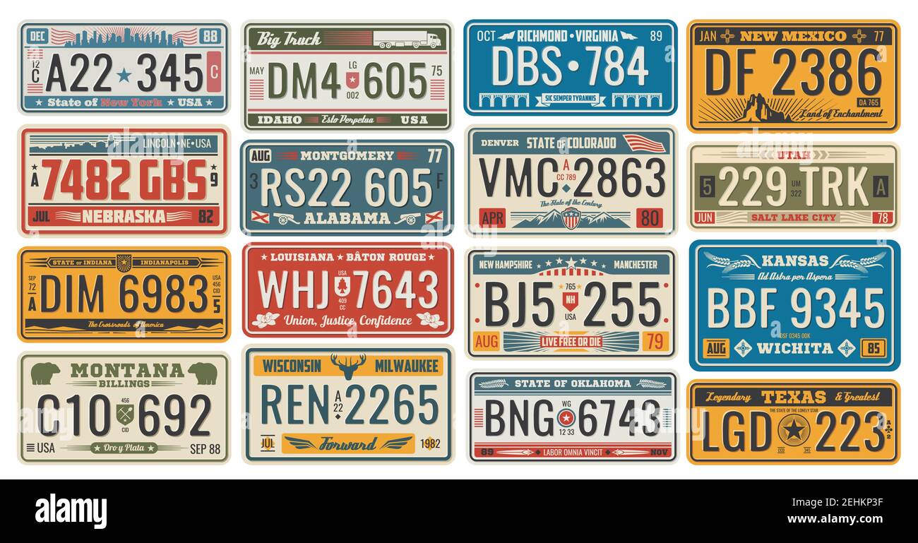 Car license retro cards official numbers for vehicle registration in USA states. Metal sign boards automobile plates with digits and letters, Nebraska Stock Vector