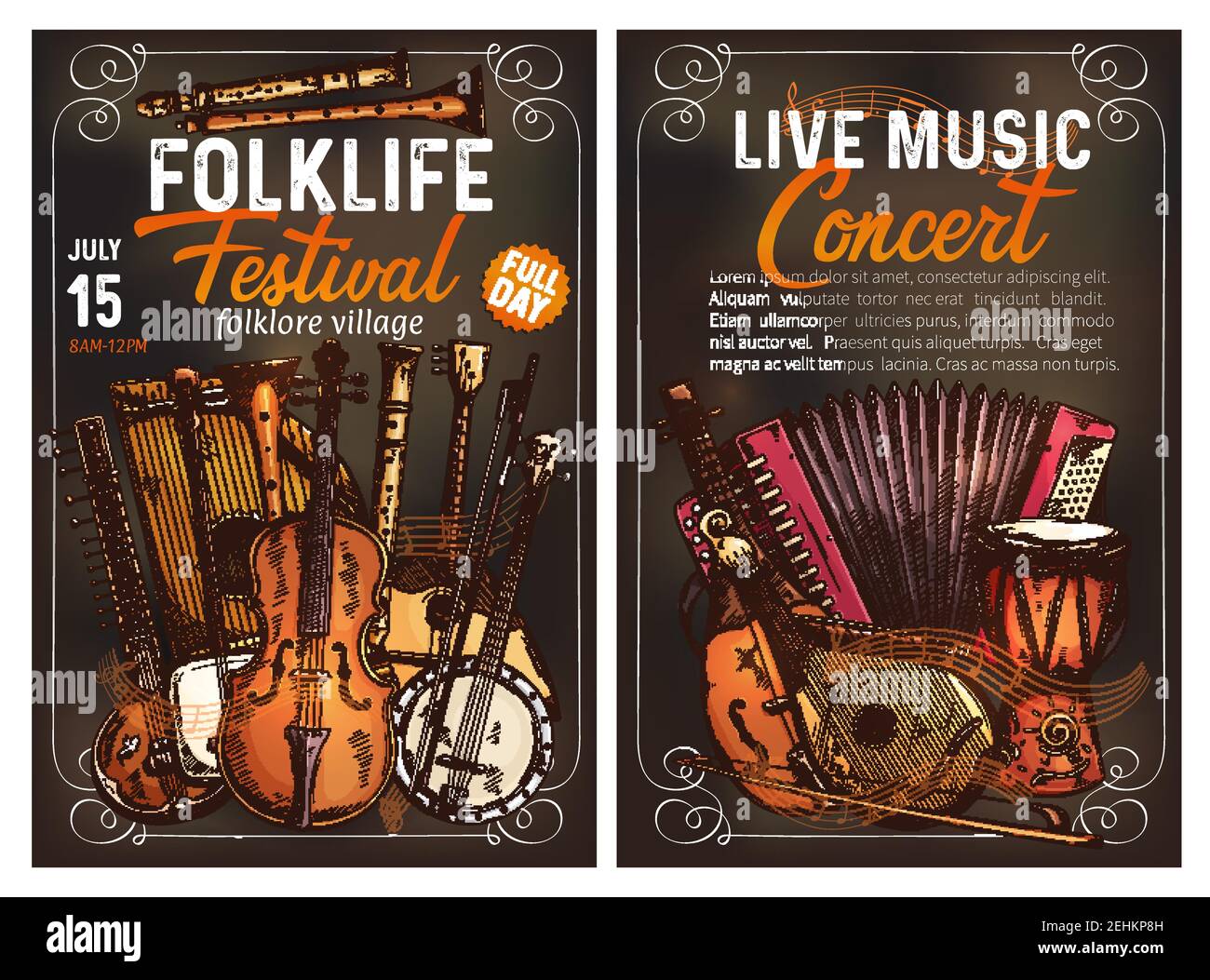 Folk music festival live concert invitation poster with ethnic musical instrument. Viola, drum and sitar, balalaika, banjo and flute, shamisen, zither Stock Vector