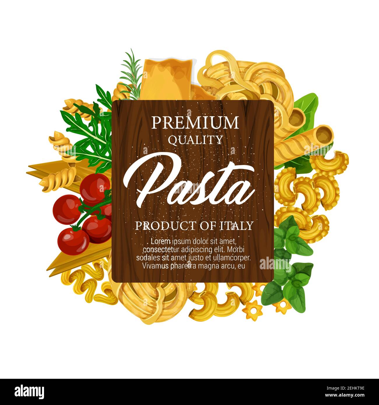 Pasta italian food label with macaroni, tomato and herbs. Spaghetti