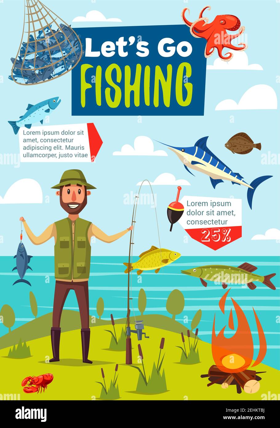 Lets go fishing poster, fishing sport theme design. Fisherman standing on  river bank with fishing rod, fish catch and net, tackle, float and bait,  sal Stock Vector Image & Art - Alamy