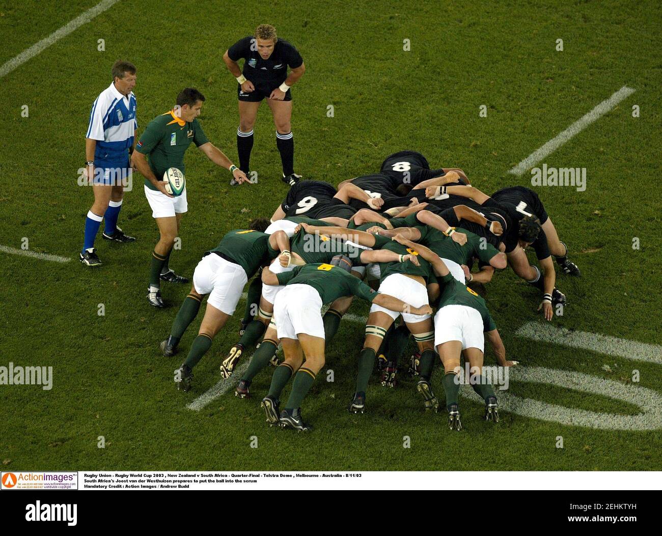 Rugby Union - Rugby World Cup 2003 , New Zealand v South Africa - Quarter-Final - Telstra Dome , Melbourne - Australia - 8/11/03  South Africa's Joost van der Westhuizen prepares to put the ball into the scrum  Mandatory Credit : Action Images / Andrew Budd Stock Photo