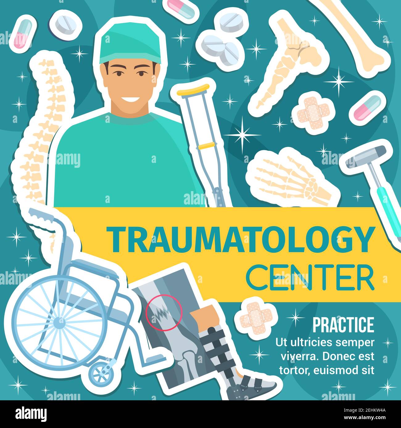 Traumatology medical clinic and joint rehabilitation center. Bone of leg, arm and spine, traumatologist doctor, fracture x-ray and crutches, wheelchai Stock Vector