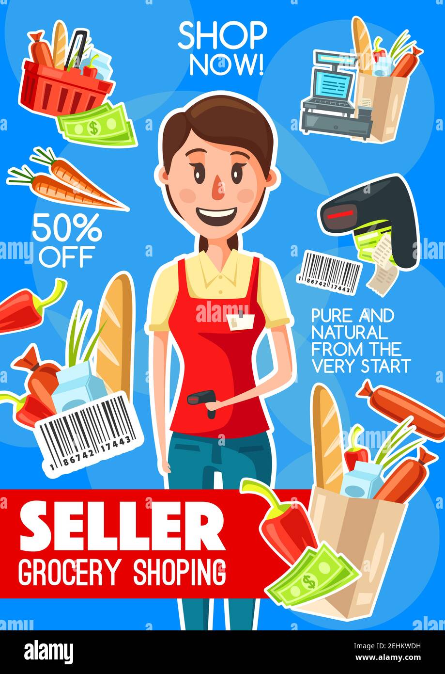 Supermarket cashier or grocery seller banner for retail store