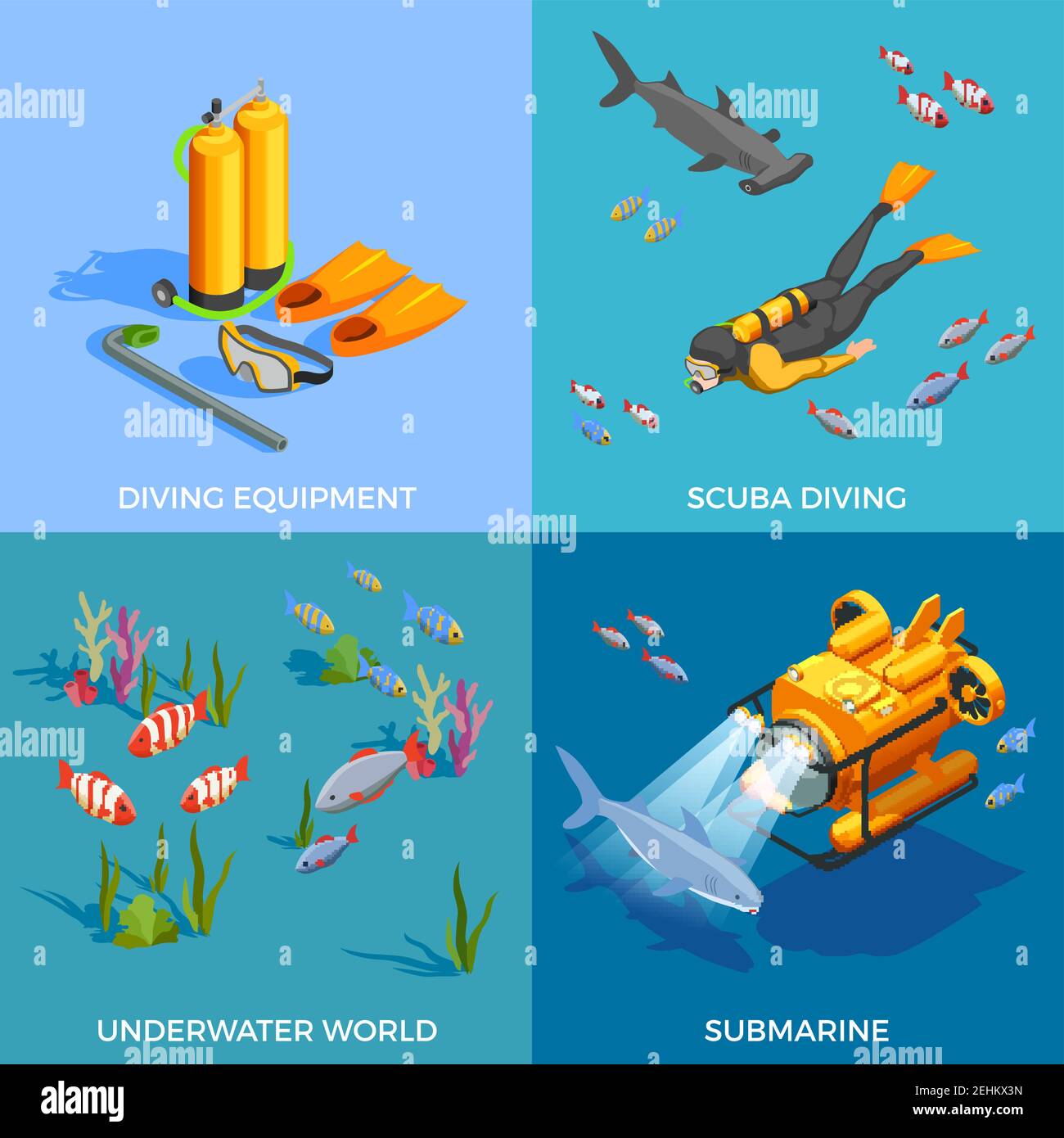 Scuba diving snorkelling isometric design concept with four