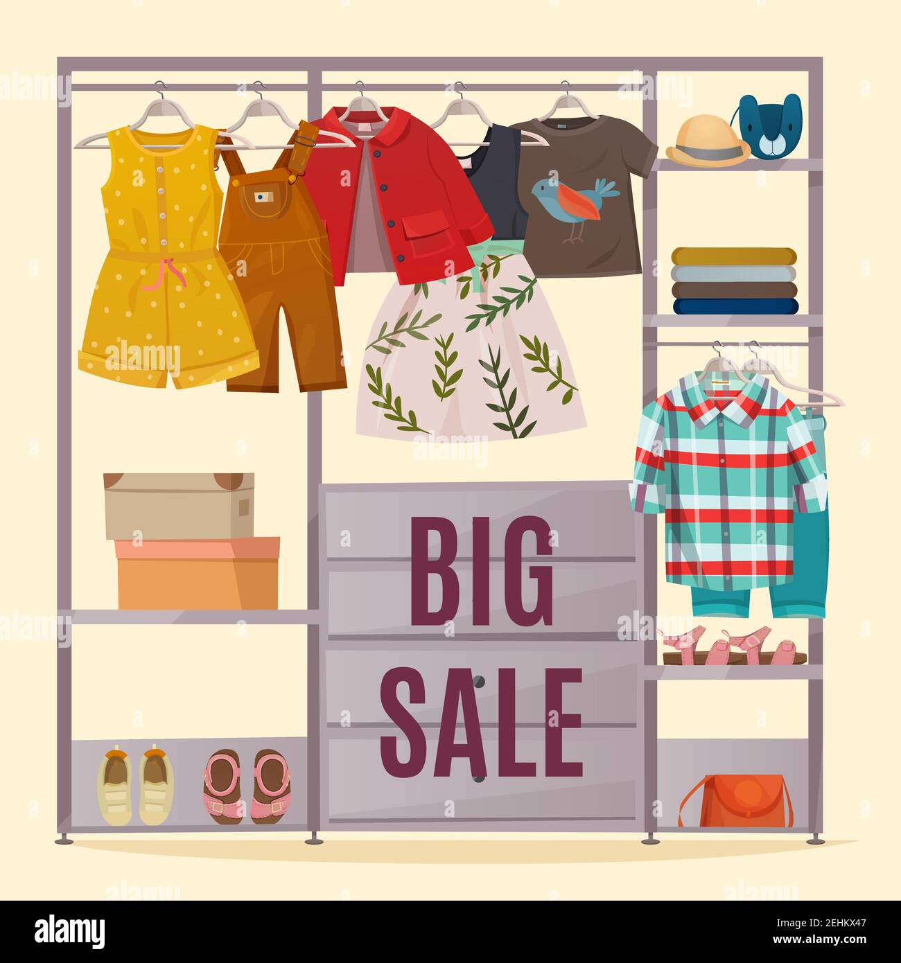 Colored wardrobe poster with clothes hanging in closet and big sale headline vector illustration Stock Vector