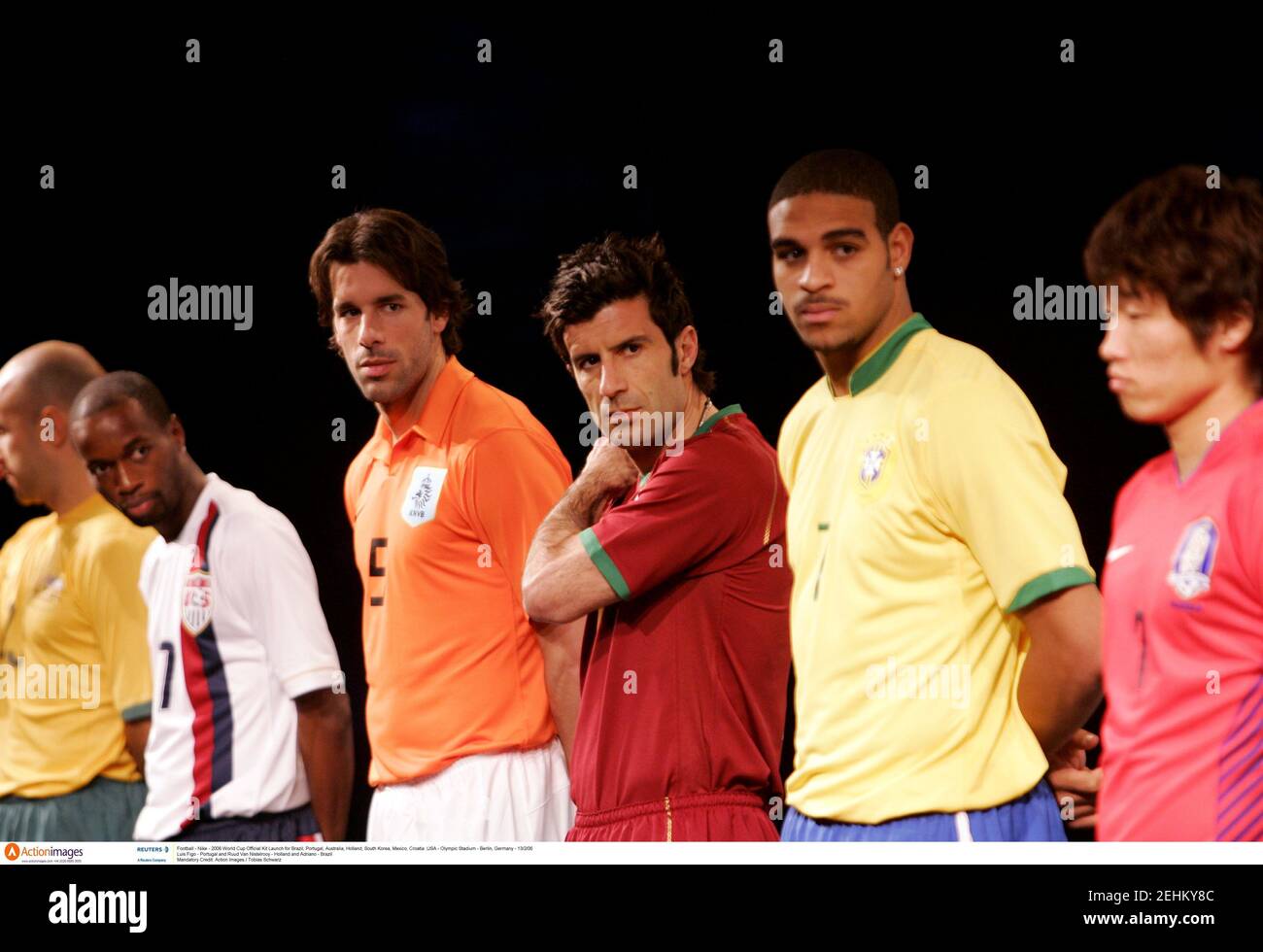 Football - Nike - 2006 World Cup Official Kit Launch for Brazil, Portugal, Australia, Holland, South Korea, Mexico, Croatia & USA - Olympic Stadium - Berlin, Germany - 13/2/06  Luis Figo - Portugal and Ruud Van Nistelrooy - Holland and Adriano - Brazil  Mandatory Credit: Action Images / Tobias Schwarz Stock Photo