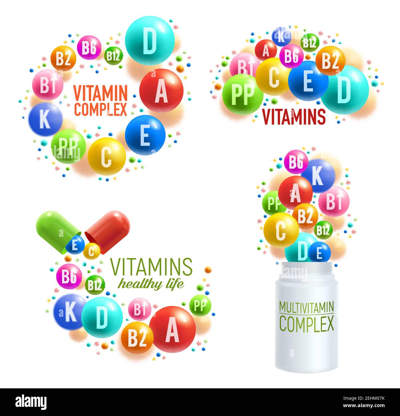 Vitamins and multivitamin complex 3D pills, capsules and plastic bottles for healthy life and dietary supplements package design. Vector vitamins and Stock Vector