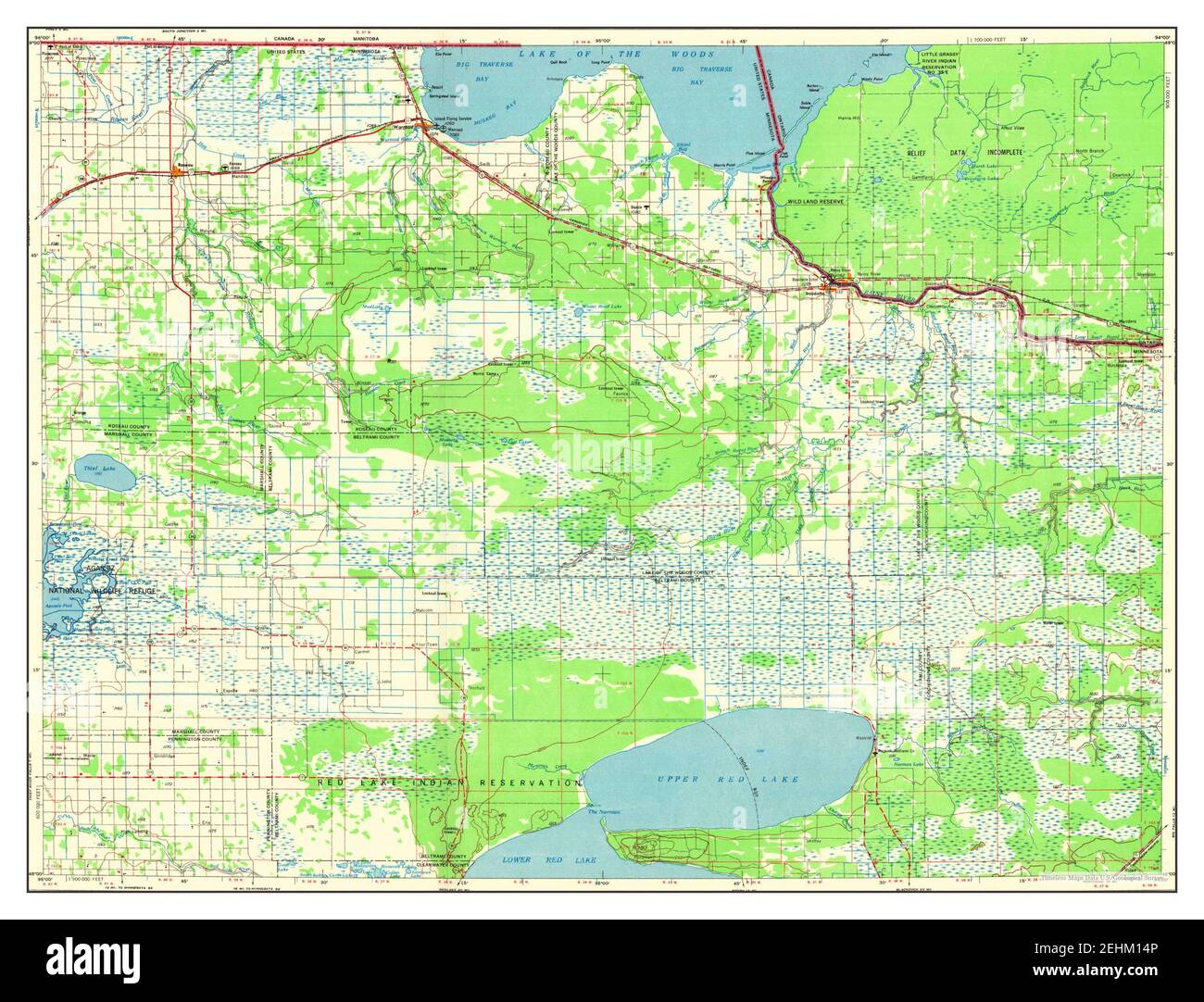 Roseau, Minnesota, map 1954, 1250000, United States of America by