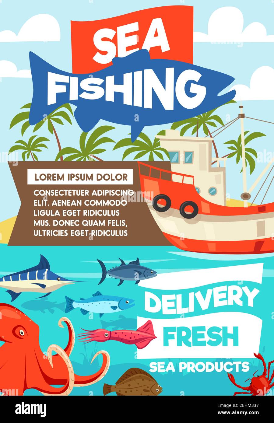 Sea fishing cartoon poster, fisherman boat or ship and tackles. Vector fisher big catch of seafood octopus, squid or shirmp and trout or tuna and flou Stock Vector