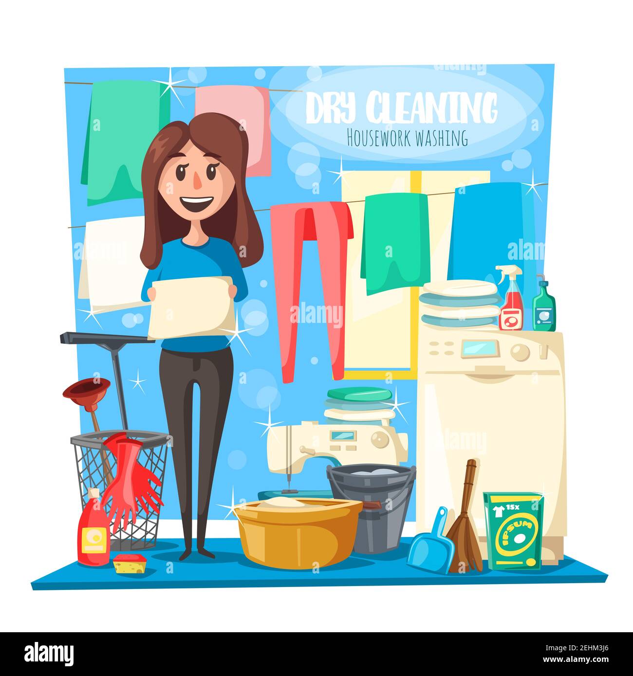 Housework or dry cleaning service, vector. Woman washing clothes and linen, laundry and washer, household tools and mop with basin, duster and broom, Stock Vector