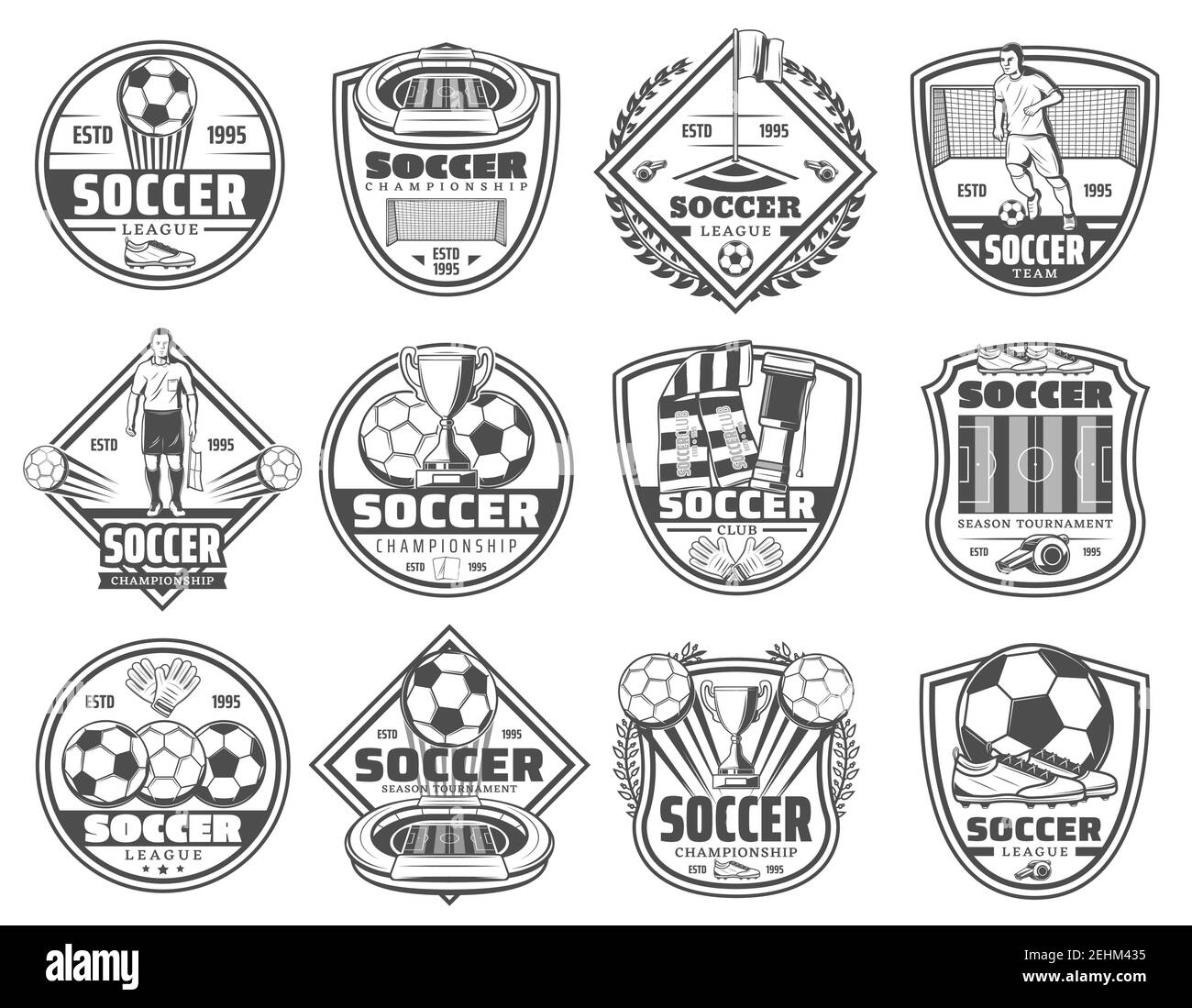 Football or soccer sport heraldic shields and icons. Football game player with soccer ball and trophy cup, stadium and field, goal gate for championsh Stock Vector