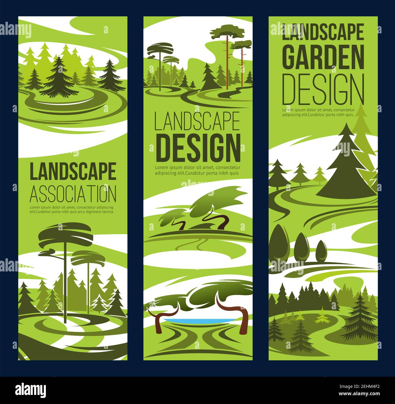 Landscape design and gardening service banners, landscaping and horticulture company theme. Eco