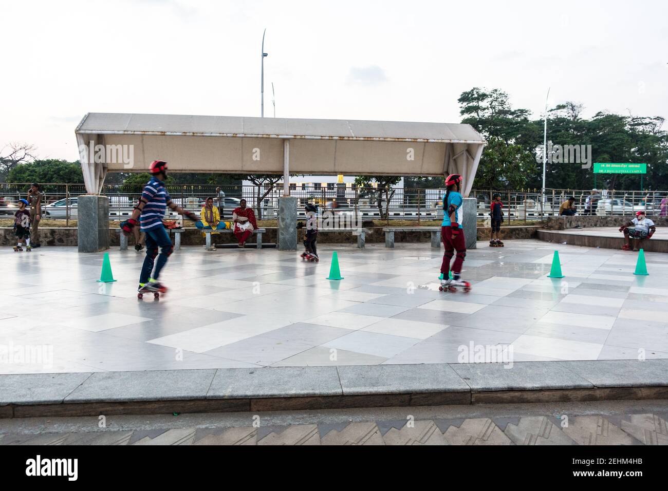 Children skating in the skate park in Chennai Marina, Tamil Nadu, India