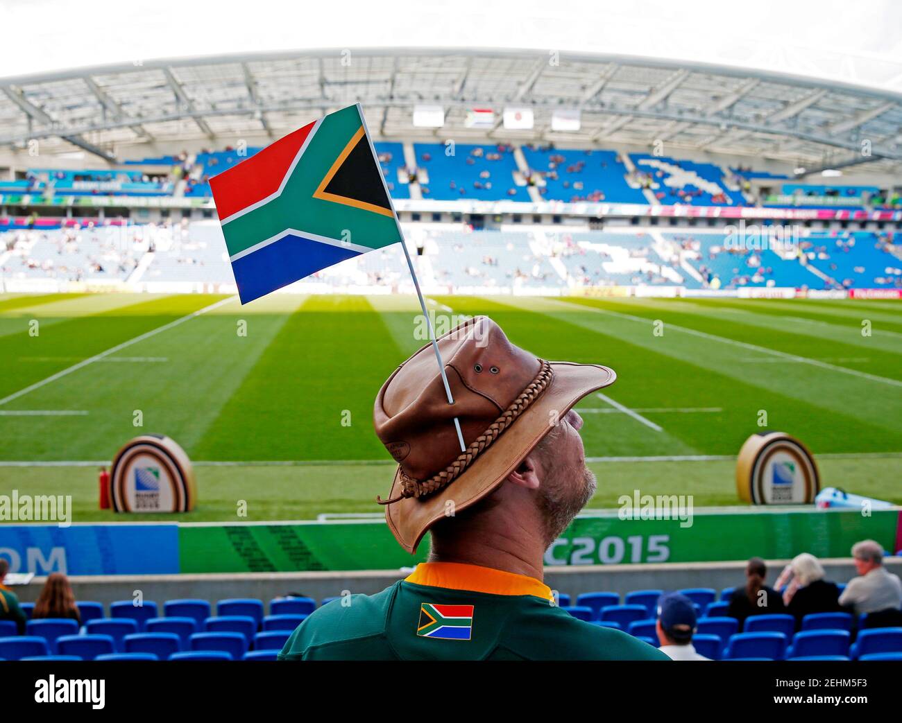 Rugby Union - South Africa v Japan - IRB Rugby World Cup 2015 Pool B - Brighton Community Stadium, Brighton, England - 19/9/15  A South Africa fan with a flag on his hat before the match  Reuters / Eddie Keogh  Livepic Stock Photo