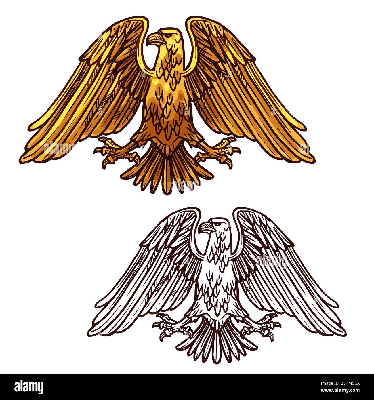 Vector sketch silhouette of heraldic eagle. Bird symbolizes perspicacity, courage, strength and immortality. Outline griffin eagle or falcon for tatto Stock Vector