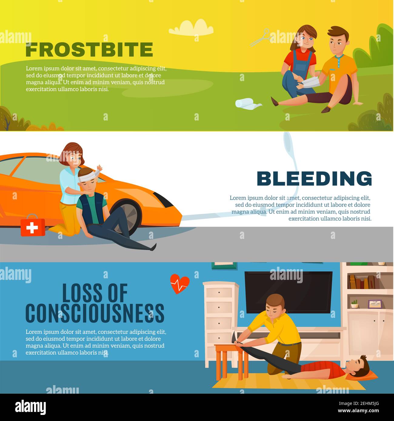 Colored emergency first aid people horizontal banner set with frostbite bleeding loss of