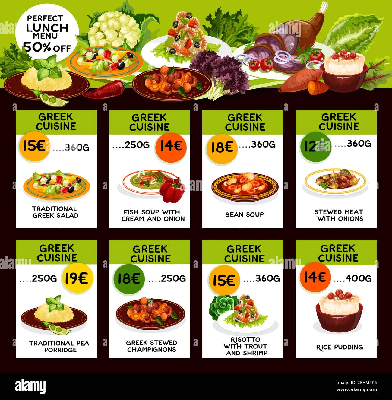 Cuisine of Greece cafe or restaurant menu of national food. Greek salad and fish or bean soups with cream and onion, stewed meat and pea porridge, cha Stock Vector