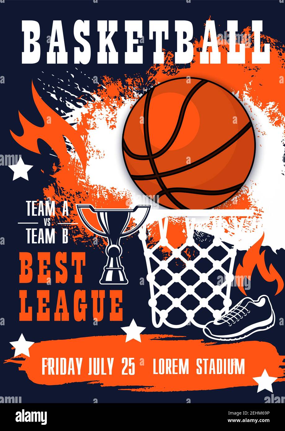Basketball championship league match banner. Ball, basket, champion trophy cup and boots, decorated with stars and fire flame. Sport game competition Stock Vector