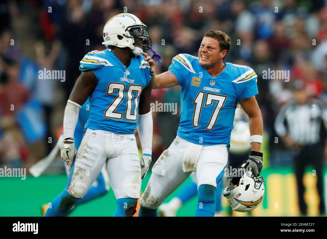NFL Football - Tennessee Titans v Los Angeles Chargers - NFL International  Series - Wembley Stadium, London, Britain - October 21, 2018 Los Angeles  Chargers' Desmond King and Philip Rivers clebrate during