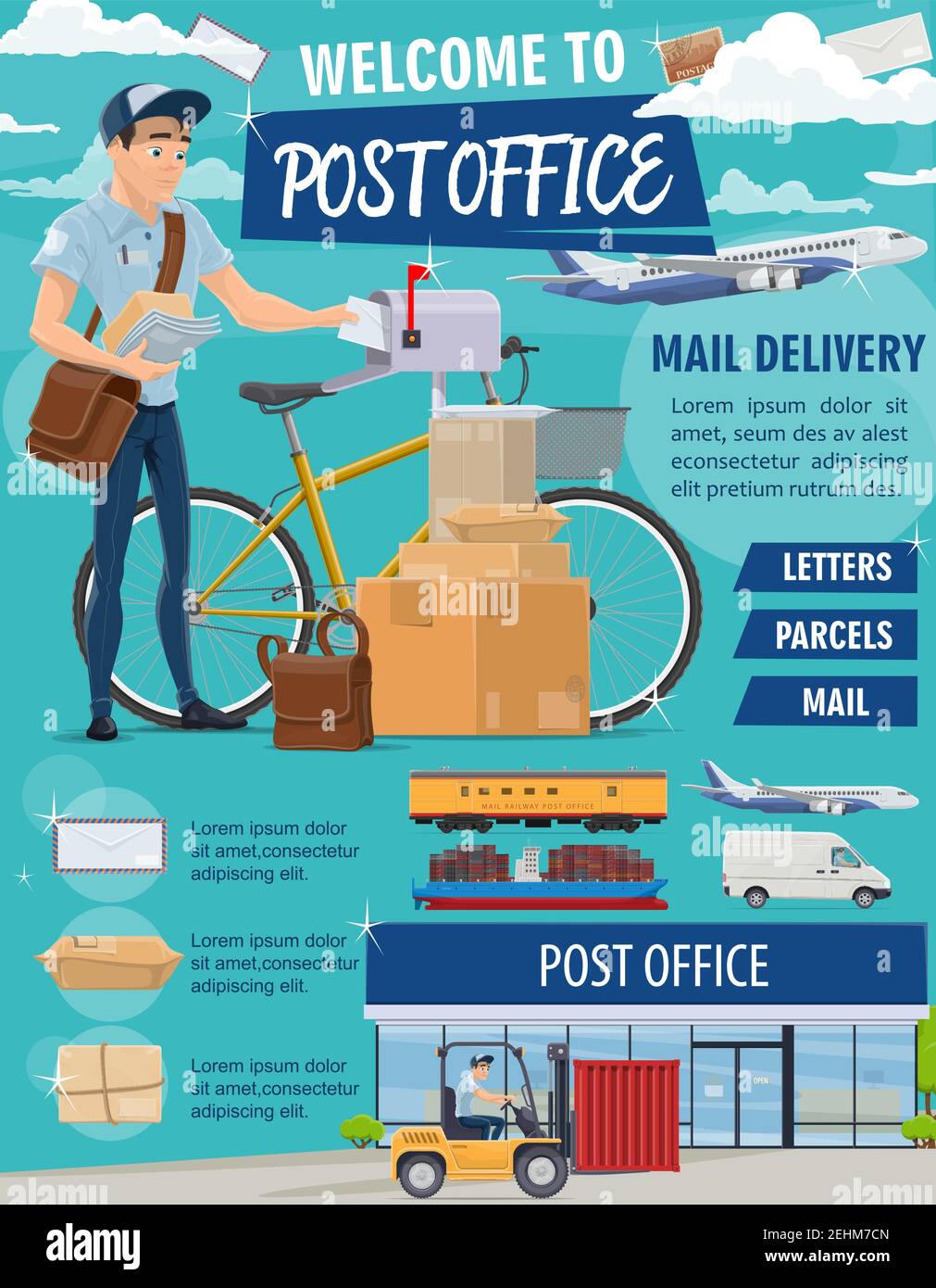 Post mail delivery office poster for postage logistics. Vector of