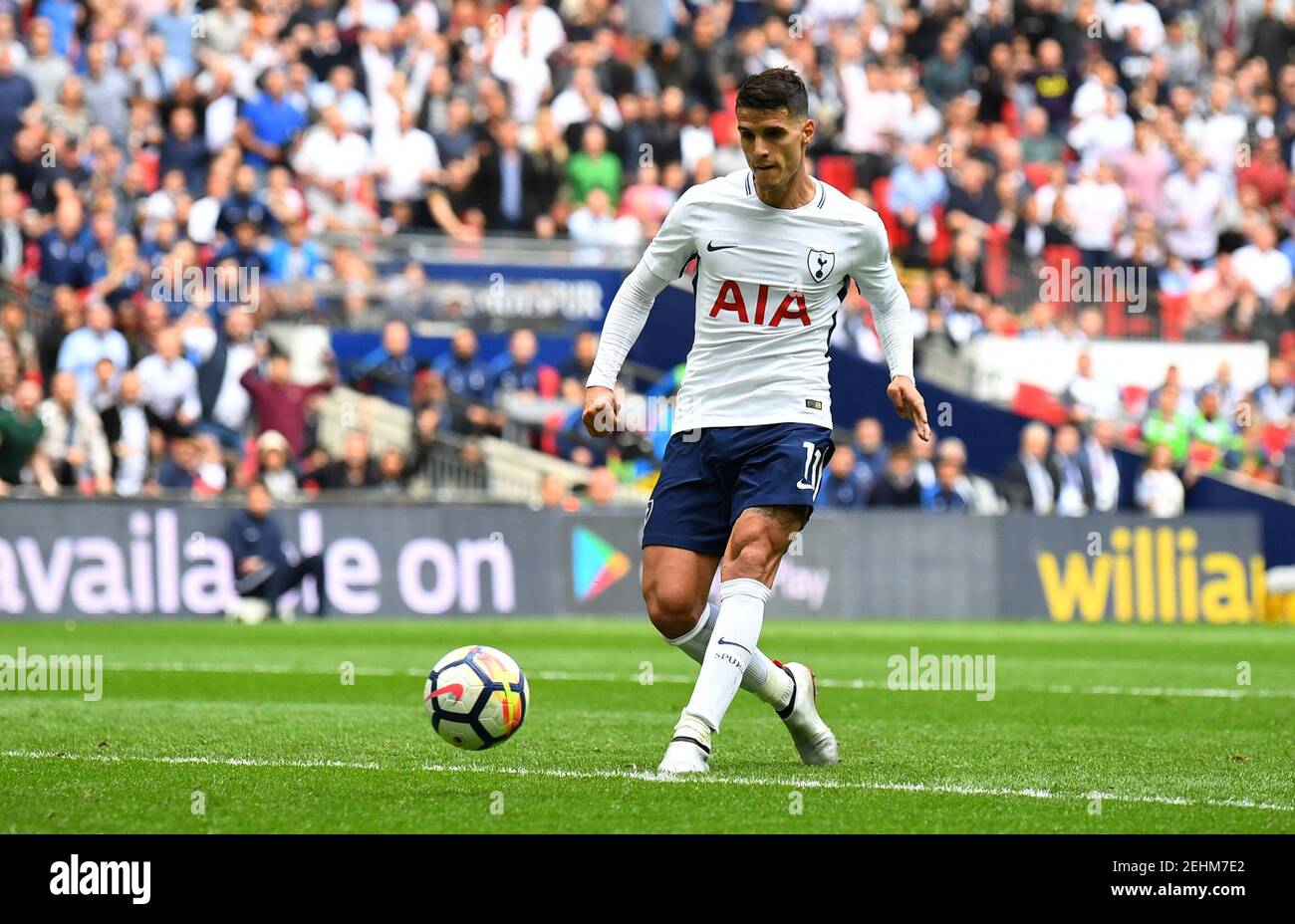 Soccer Football - Premier League - Tottenham Hotspur vs Leicester City - Wembley Stadium, London, Britain - May 13, 2018   Tottenham's Erik Lamela scores their fourth goal    REUTERS/Dylan Martinez    EDITORIAL USE ONLY. No use with unauthorized audio, video, data, fixture lists, club/league logos or 'live' services. Online in-match use limited to 75 images, no video emulation. No use in betting, games or single club/league/player publications.  Please contact your account representative for further details. Stock Photo