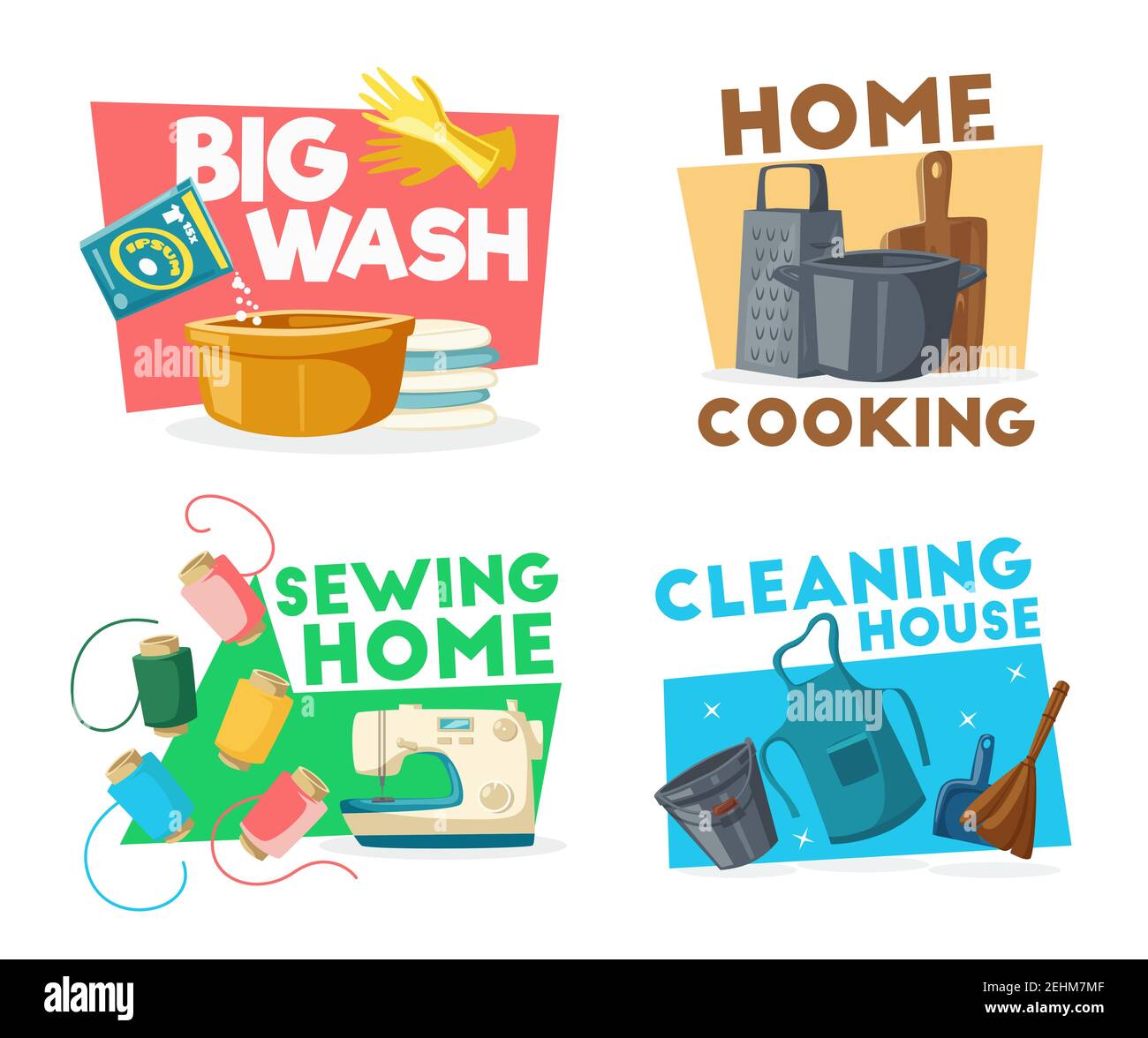 Household and cleaning icons with tools for housework. Big wash and