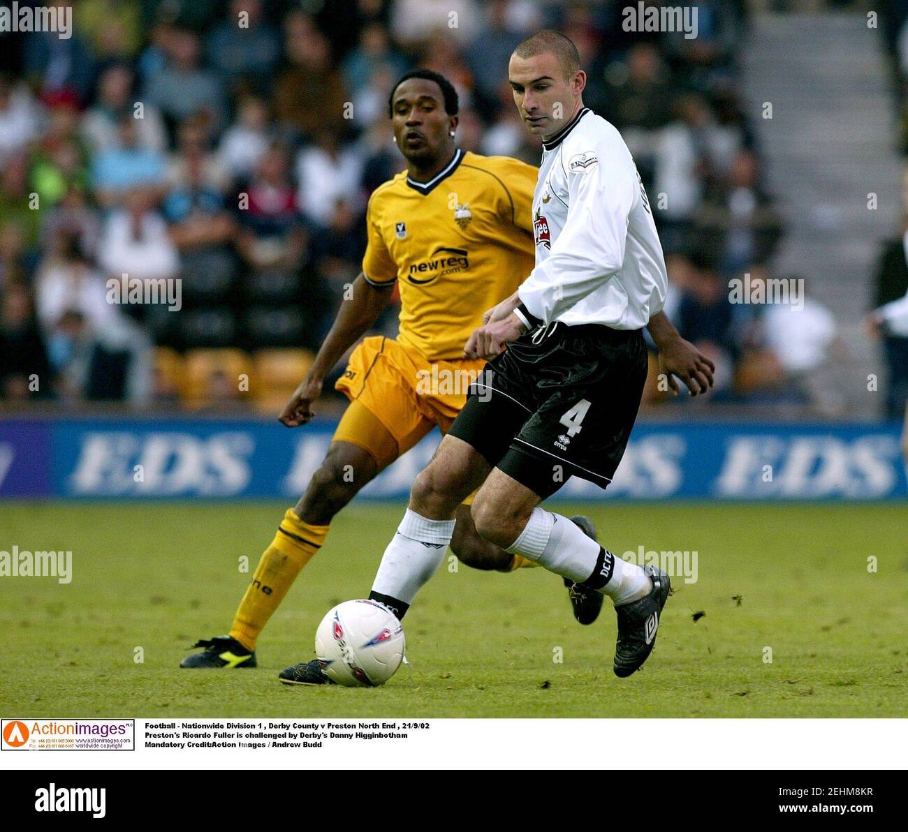 Football - Nationwide Division 1 , Derby County v Preston North End , 21/9/02  Preston's Ricardo Fuller is challenged by Derby's Danny Higginbotham  Mandatory Credit:Action Images / Andrew Budd Stock Photo