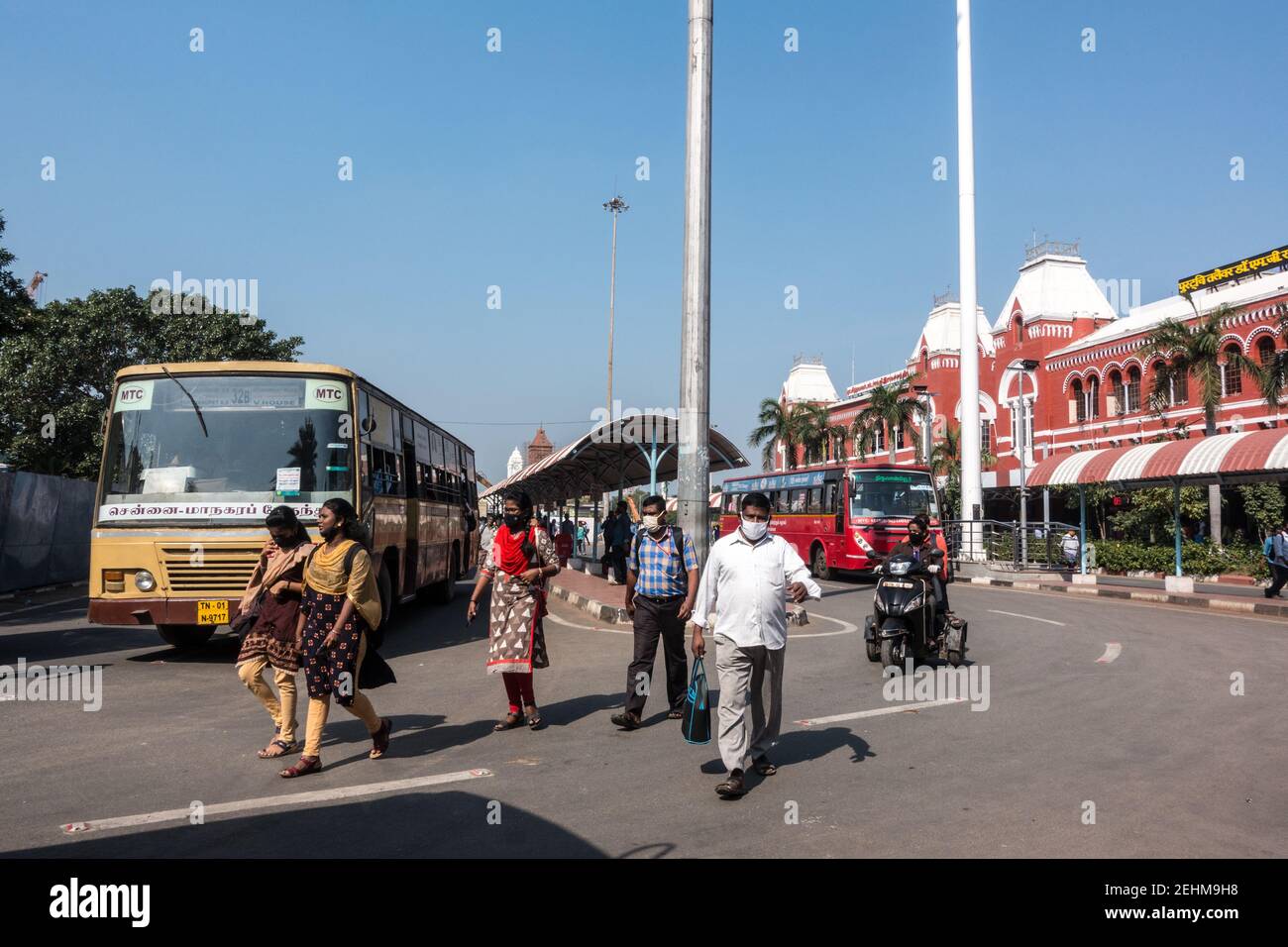 Passengers outside Chennai Central Railway station operating as Southern Railways for India Stock Photo