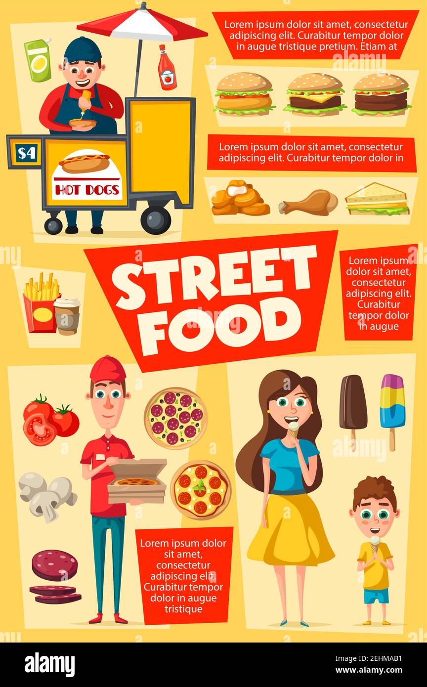 Street food, vendor selling fastfood. Pizza delivery service and hot