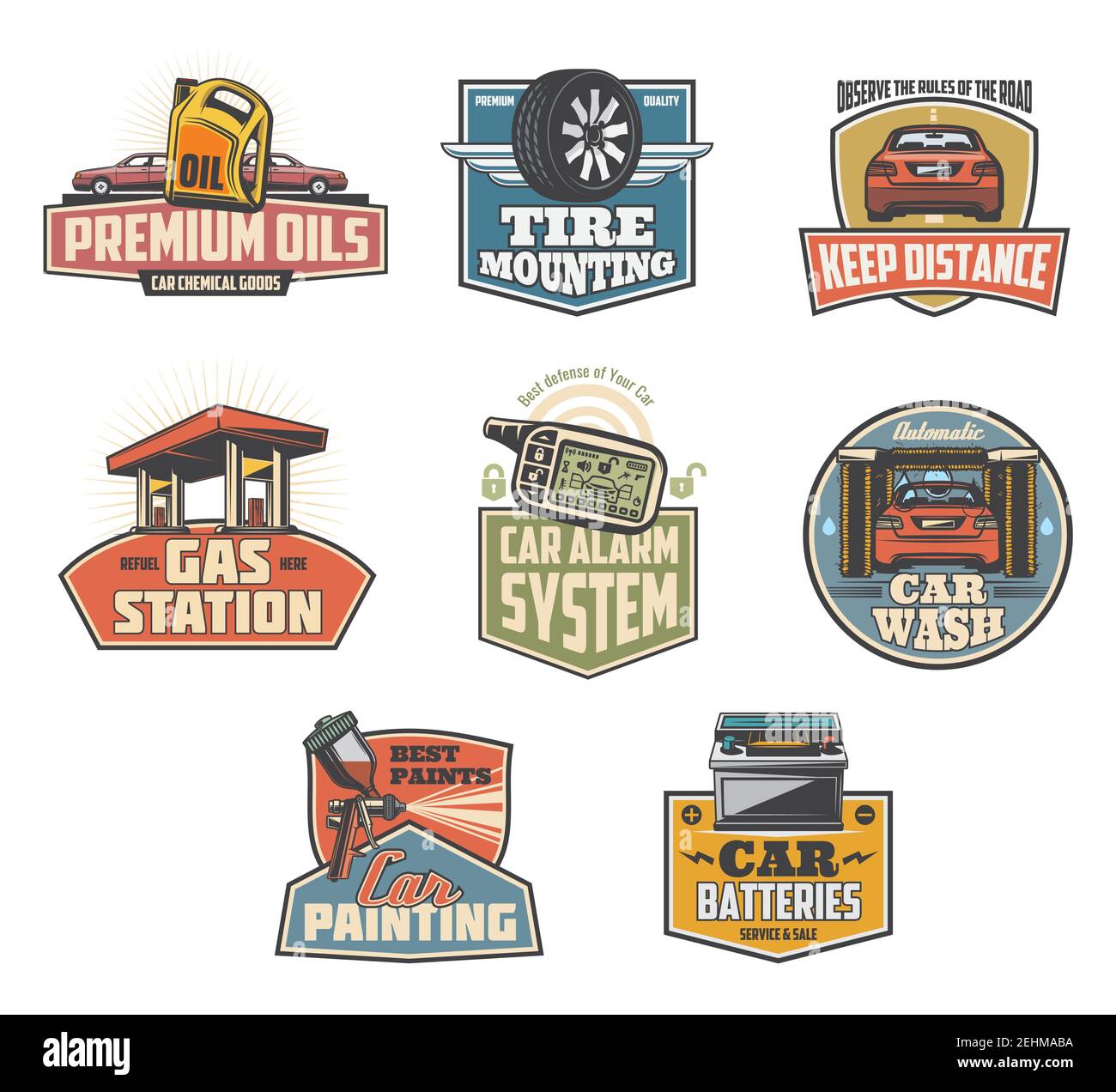 Car wash and gas station retro icons. Premium oils, tire replacement