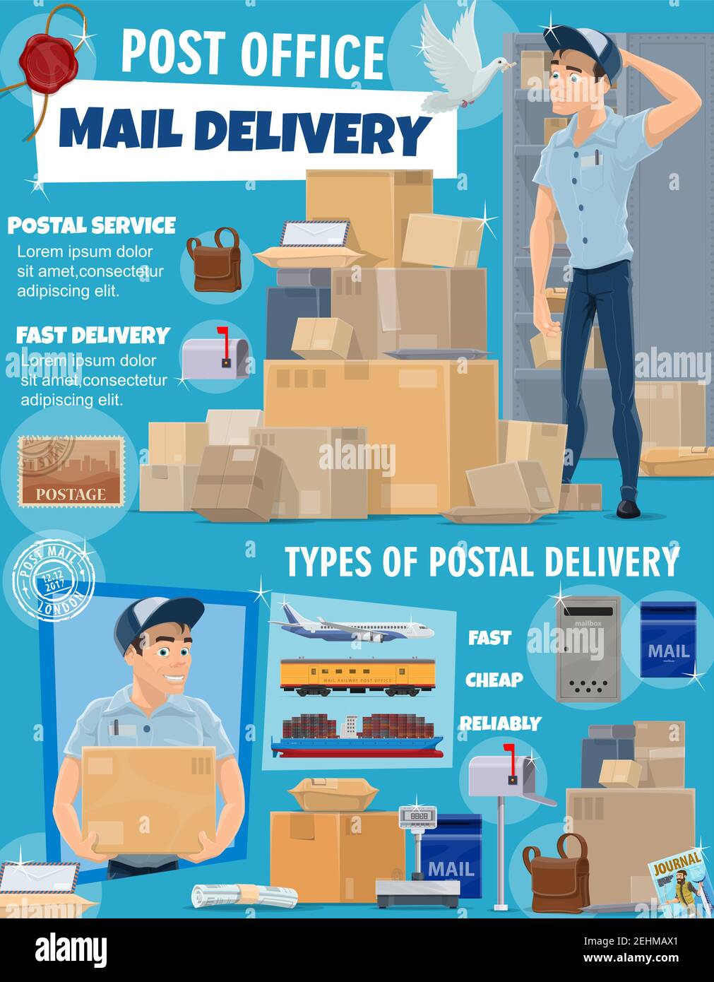 Post office delivery service, vector. Postage logistic, postman courier
