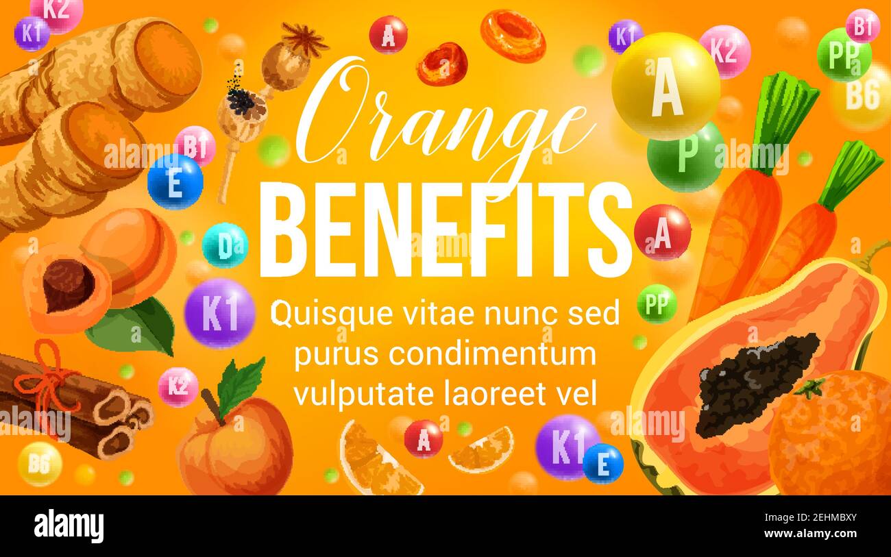 Orange diet food vitamins in natural fruits and vegetables for healthy