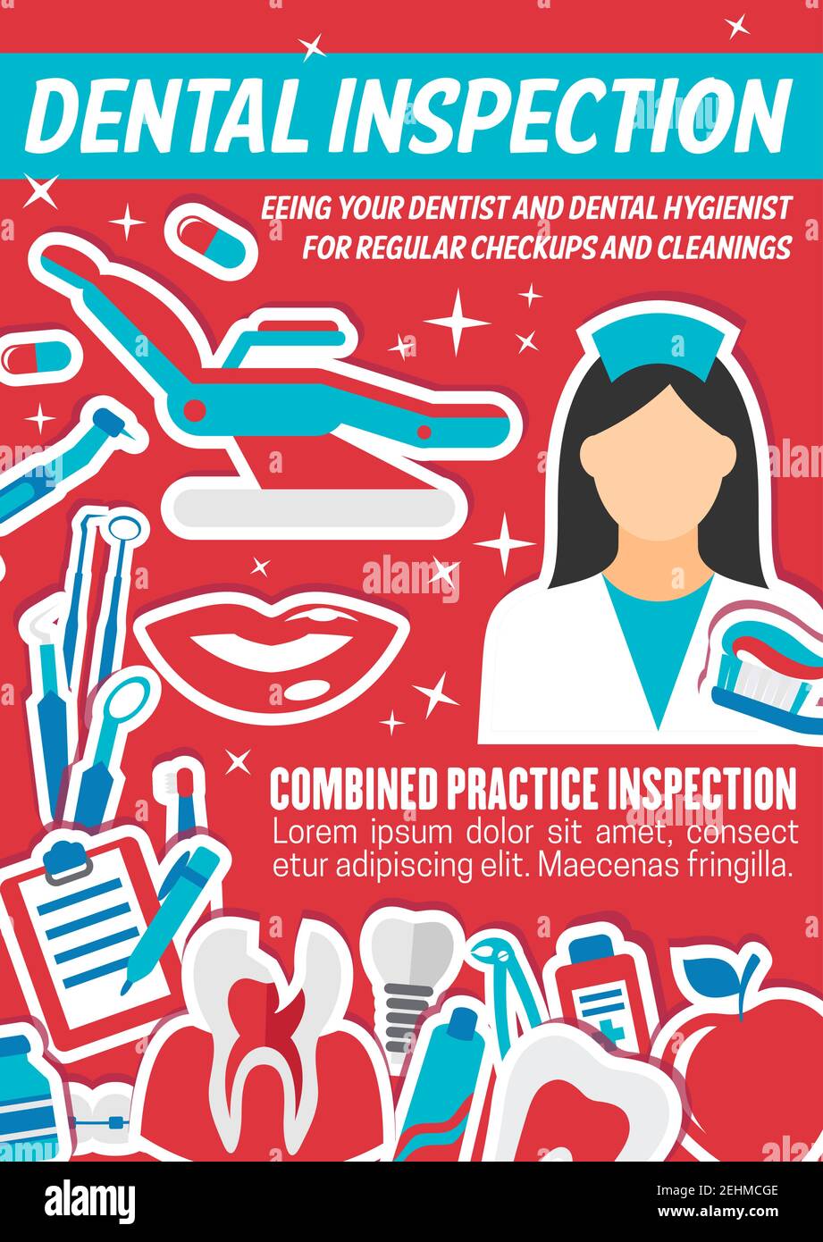 Dentist doctor, oral hygiene tool and diagnostic instrument banner with