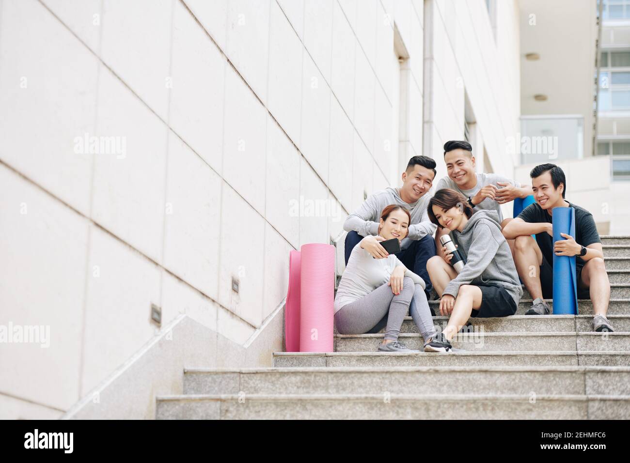 Fit friends taking selfie Stock Photo