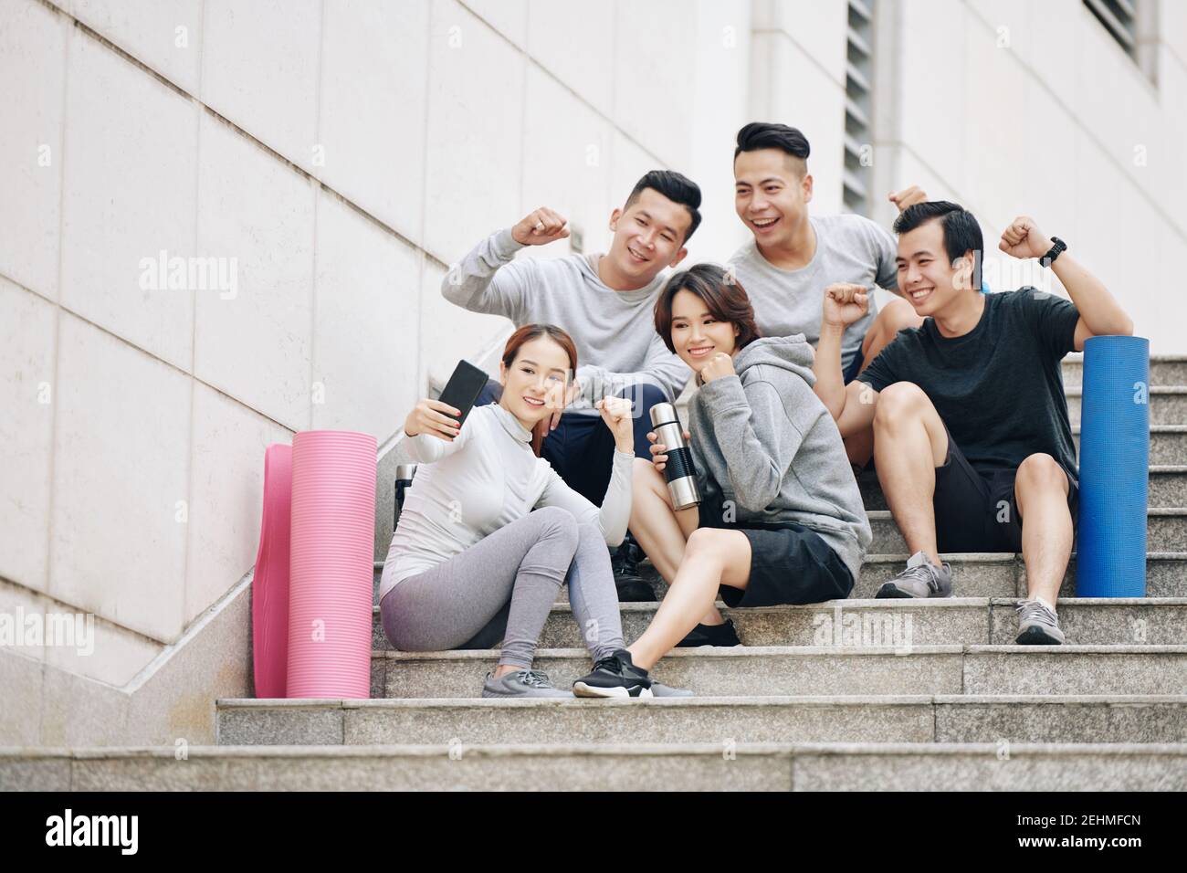 Fit friends taking selfie Stock Photo