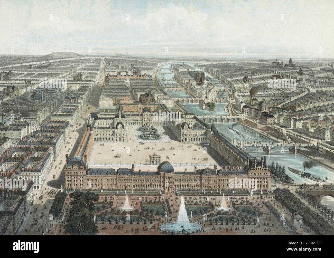 Paris moderne. Les Tuileries, le Louvre, et la rue de Rivoli, vue prise du Jardin des Tuileries. Stock Photo