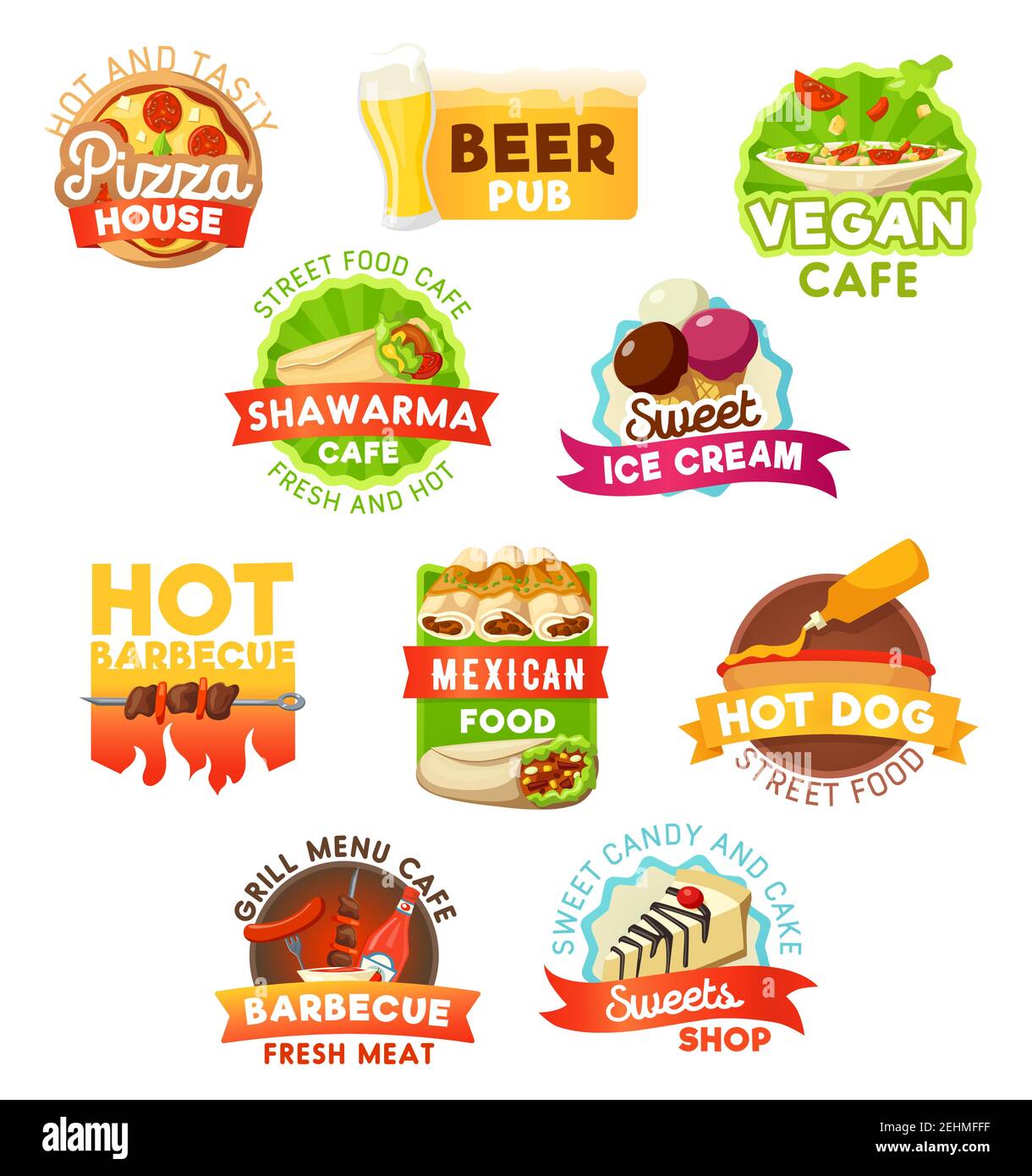 Fast food vector icons. Fastfood restaurant, beer pub or cafeteria and pastry shop bistro takeaway and delivery. Pizza, vegan salads or shawarma and i Stock Vector