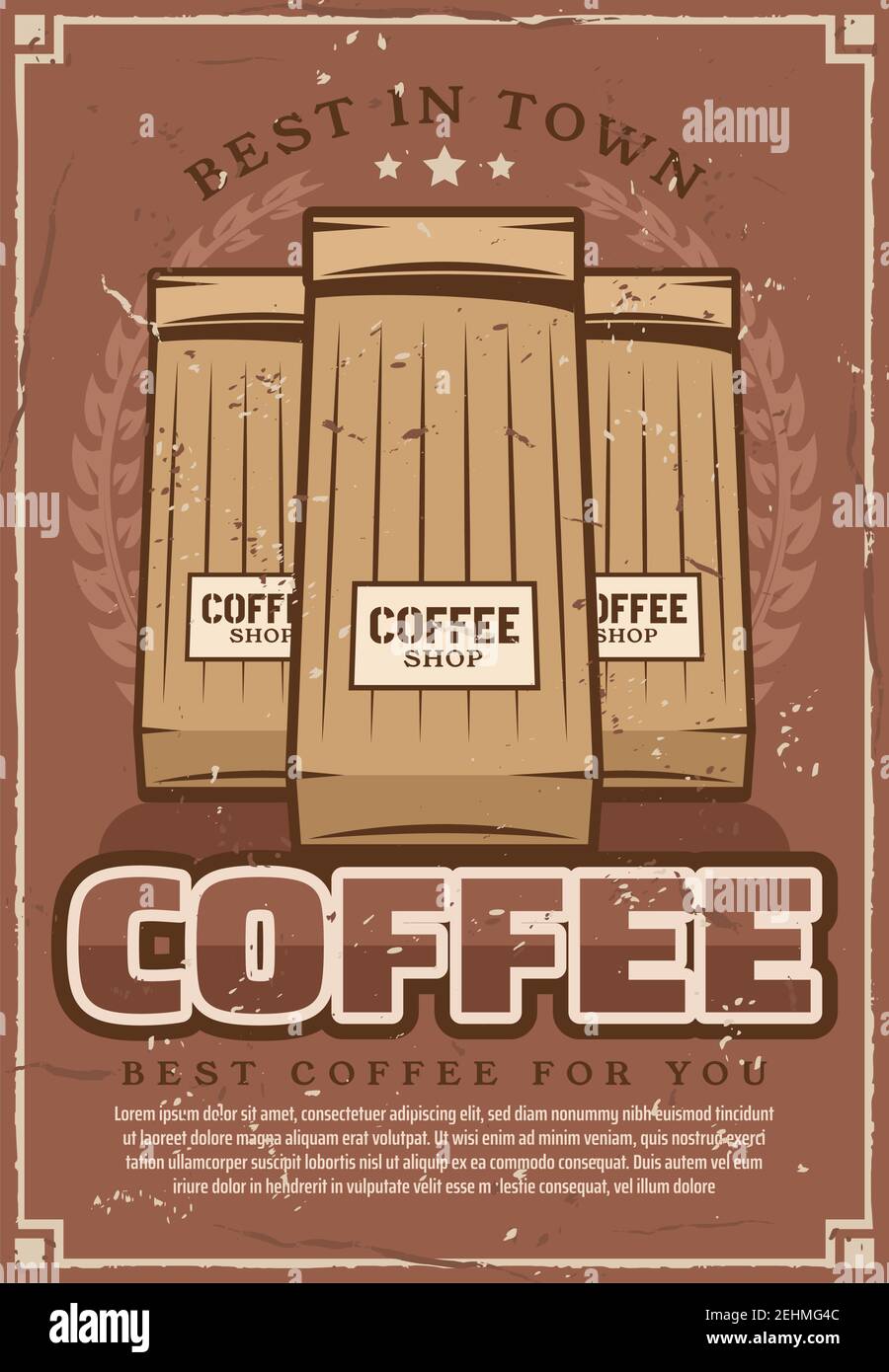 Coffeeshop retro poster of best coffee in paper packs. Vector vintage design arabica, Kenyan or Guatemalan coffee products for espresso, americano or Stock Vector