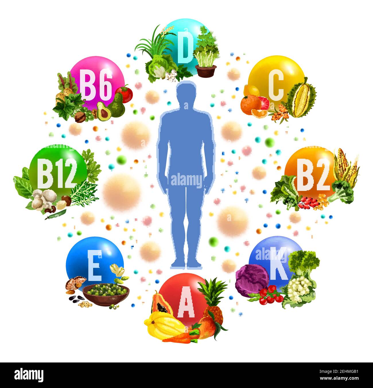 Vitamins and minerals pills in food, healthy nutrition. Vector human body with multivitamins in fruits, vegetables or salads and mushrooms, cereals an Stock Vector