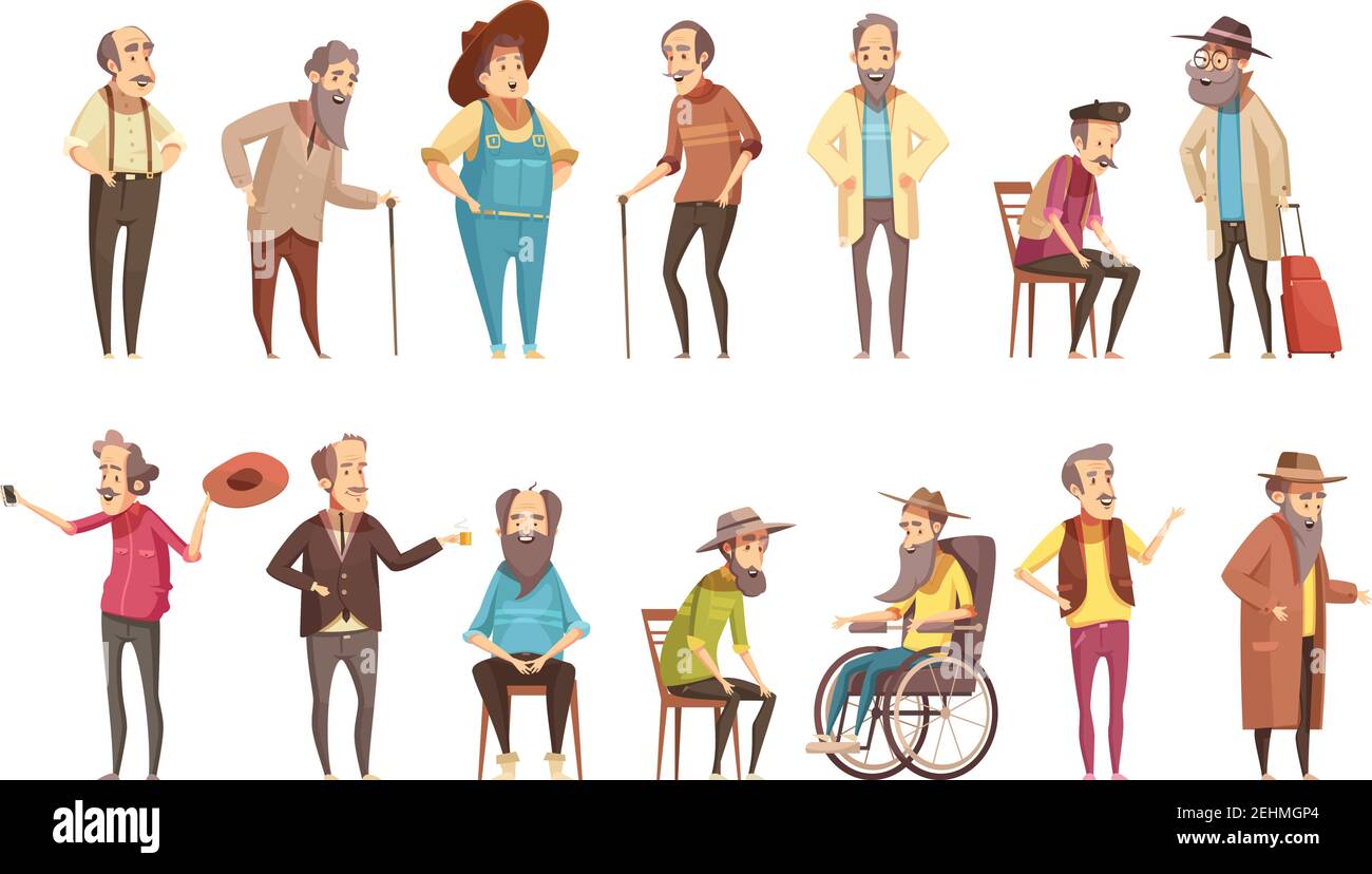 Senior man old disable citizens with walking cane retro cartoon icons 2 banners set isolated vector illustration Stock Vector